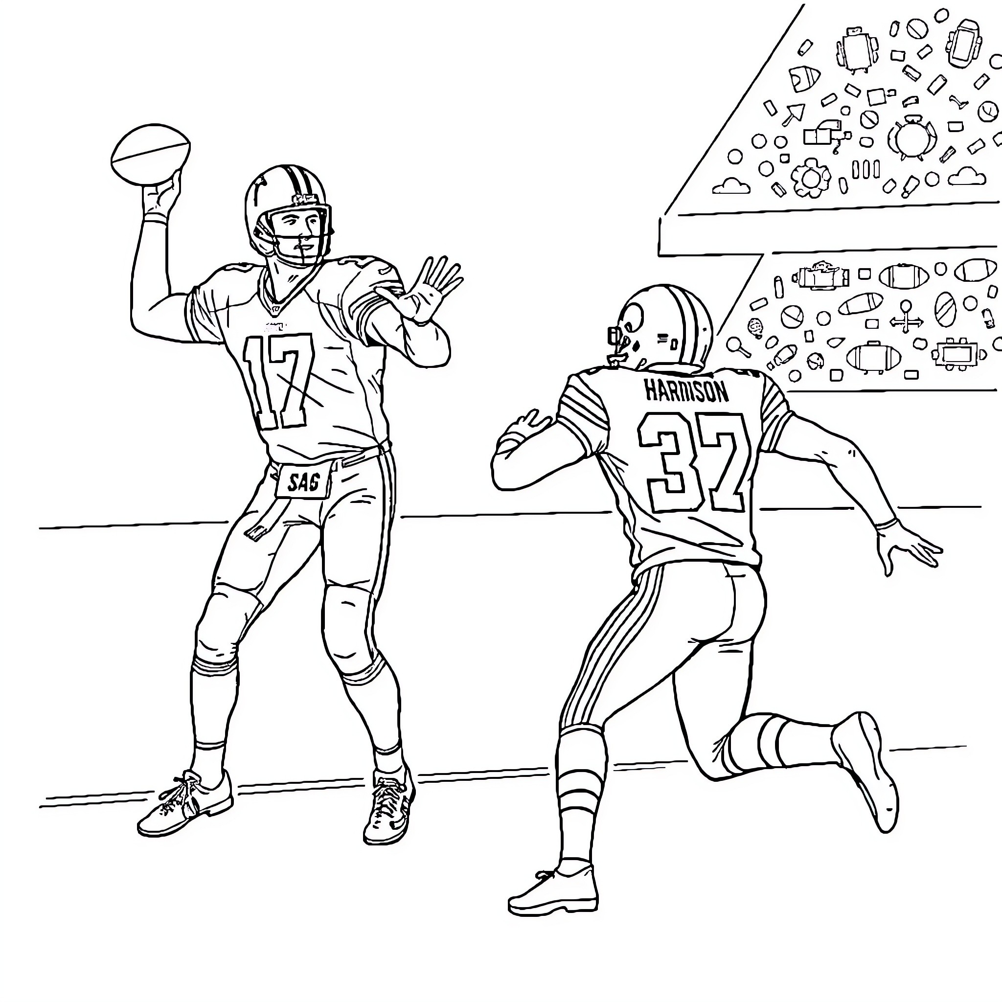 Peyton Manning playing football on the field Coloring Page (free black-and-white line drawing printable PDF for all, from beginners to advanced learners, including children, teens, adults, and seniors)