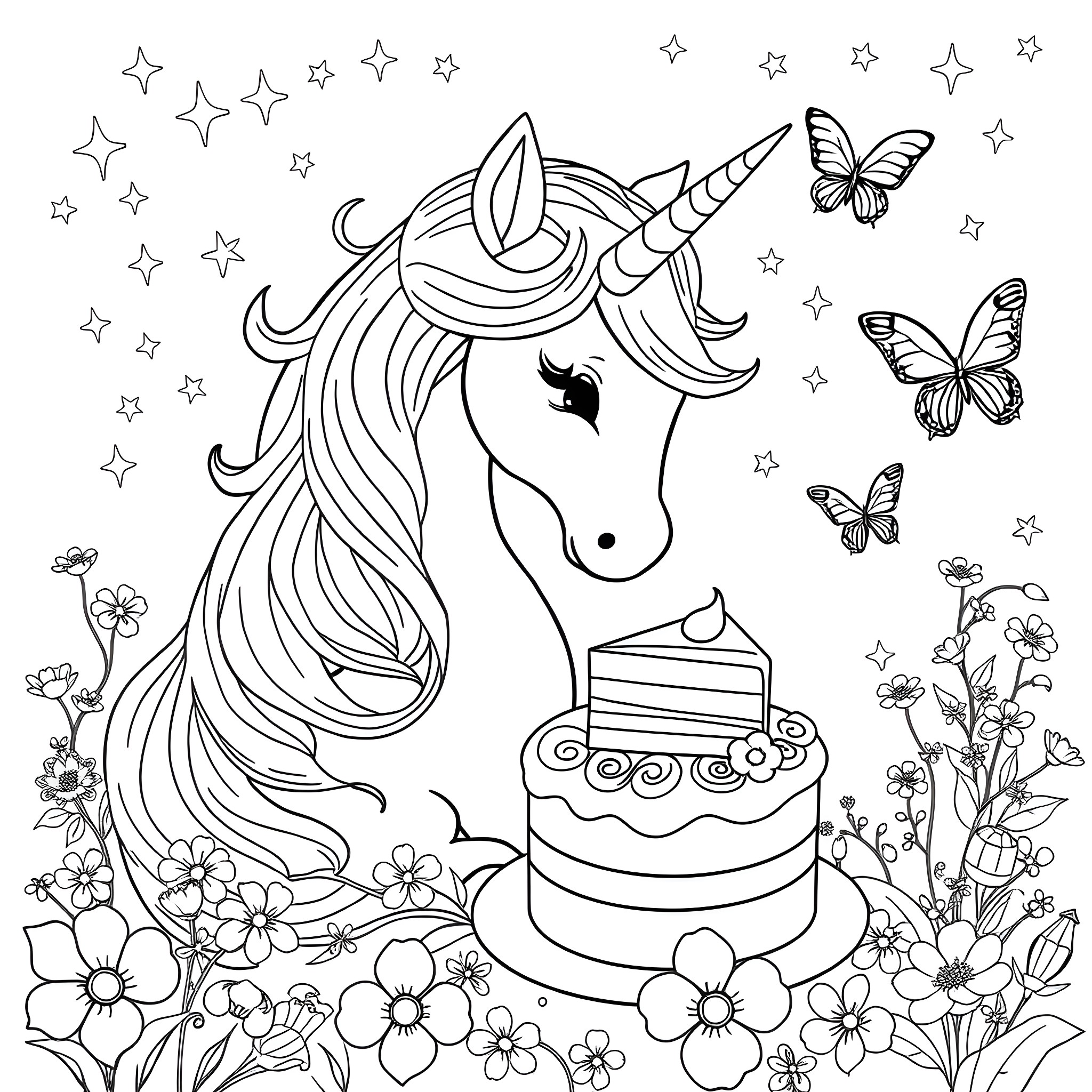 Unicorn Enjoying a Magical Cake with Butterflies Coloring Page (free black-and-white line drawing printable PDF for all, from beginners to advanced learners, including children, teens, adults, and seniors)
