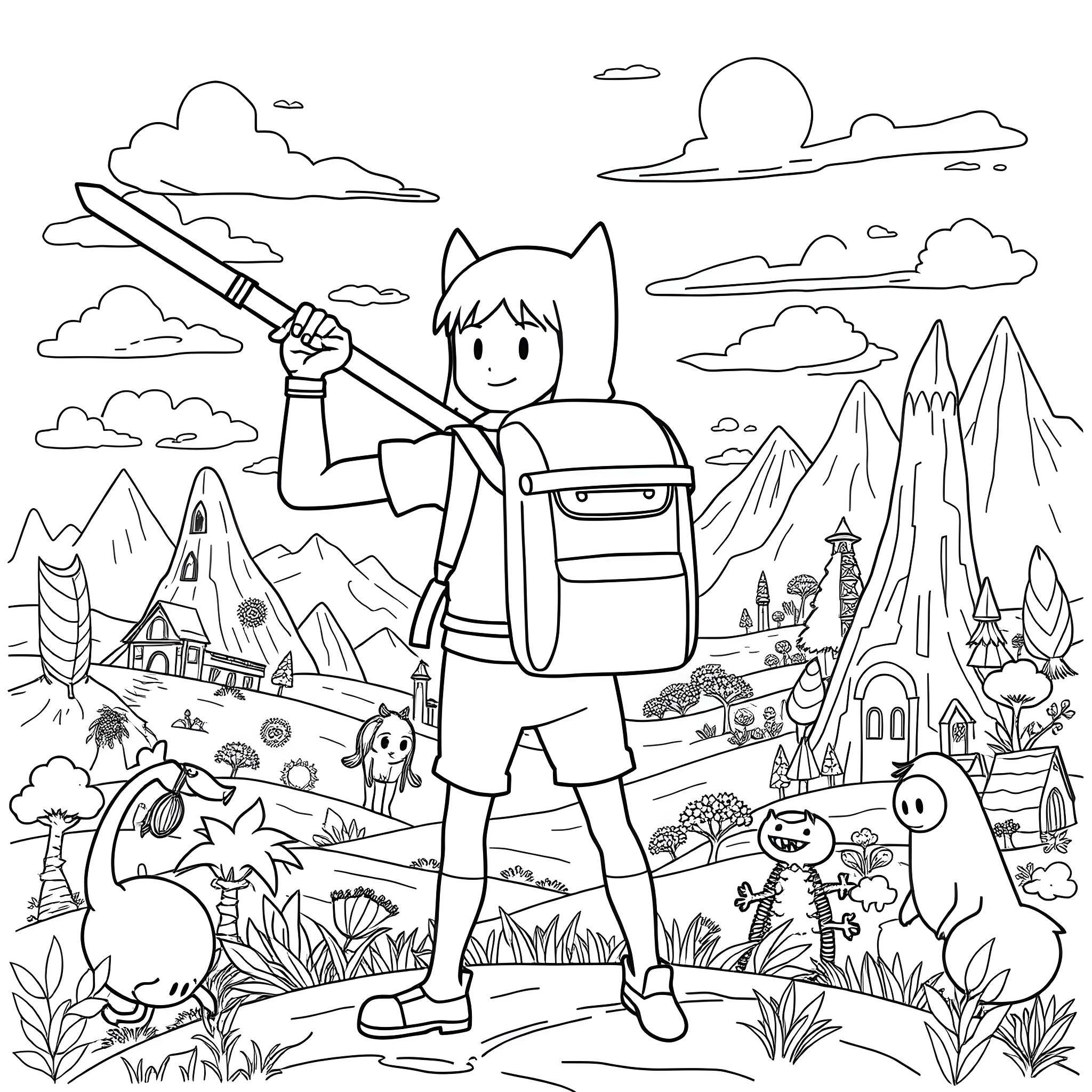 Finn's Adventure in the Enchanted Forest Coloring Page (free black-and-white line drawing printable PDF for all, from beginners to advanced learners, including children, teens, adults, and seniors)