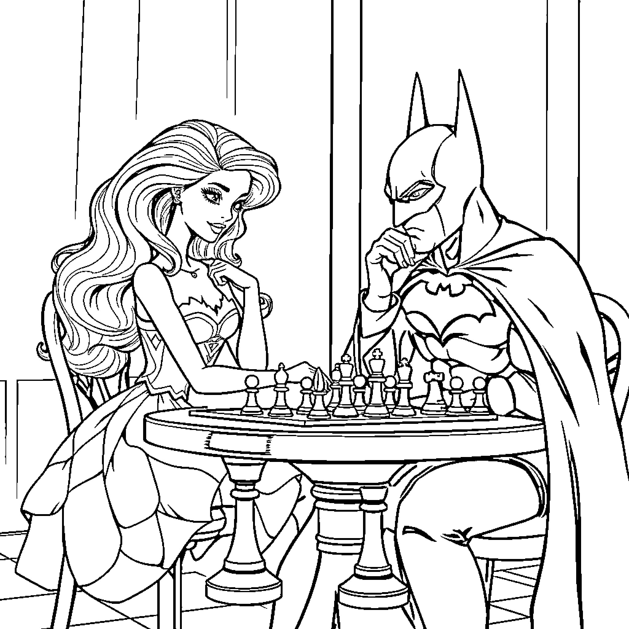 Barbie and Batman playing chess together Coloring Page (free black-and-white line drawing printable PDF for all, from beginners to advanced learners, including children, teens, adults, and seniors)