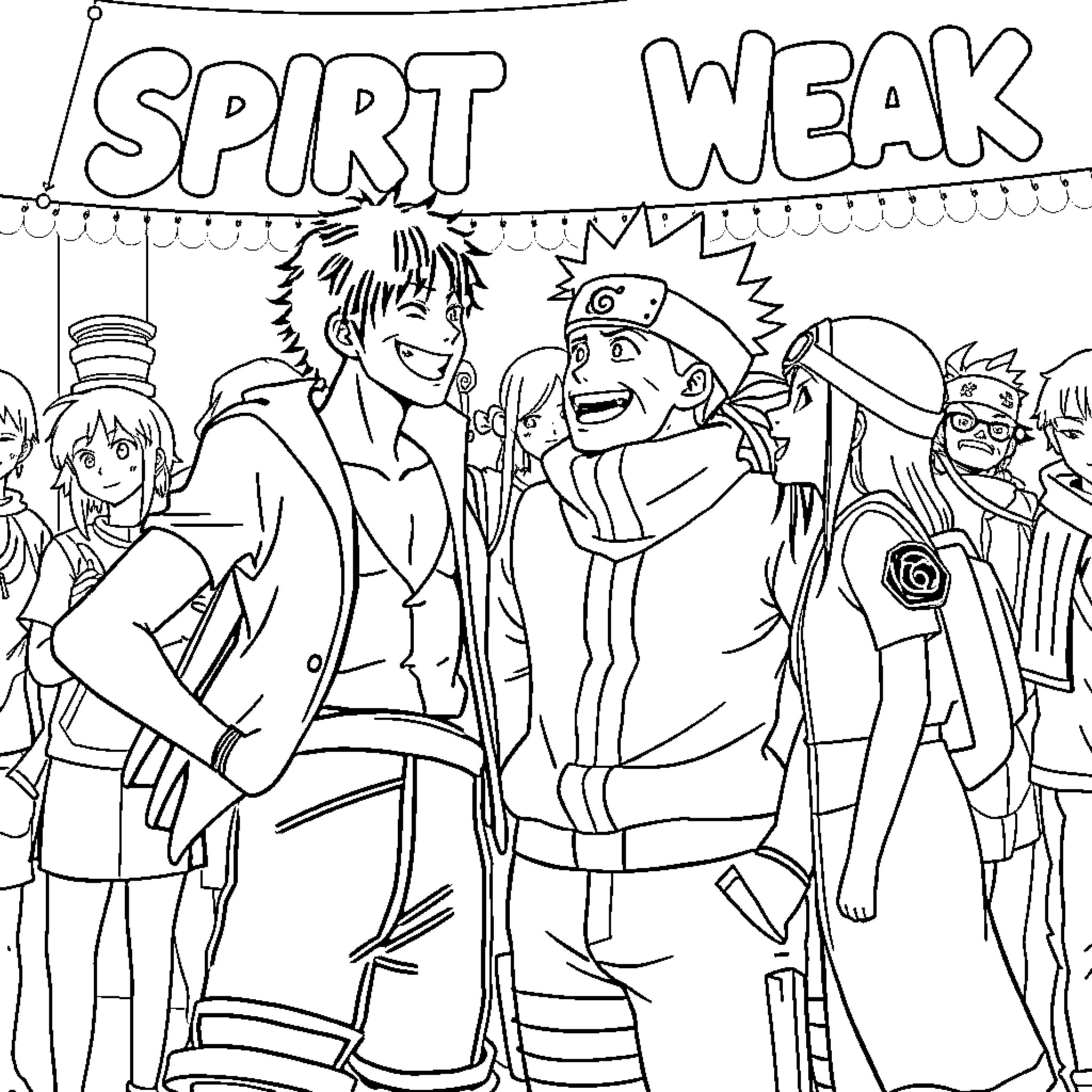 Anime characters celebrating Spirit Week Coloring Page (free black-and-white line drawing printable PDF for all, from beginners to advanced learners, including children, teens, adults, and seniors)