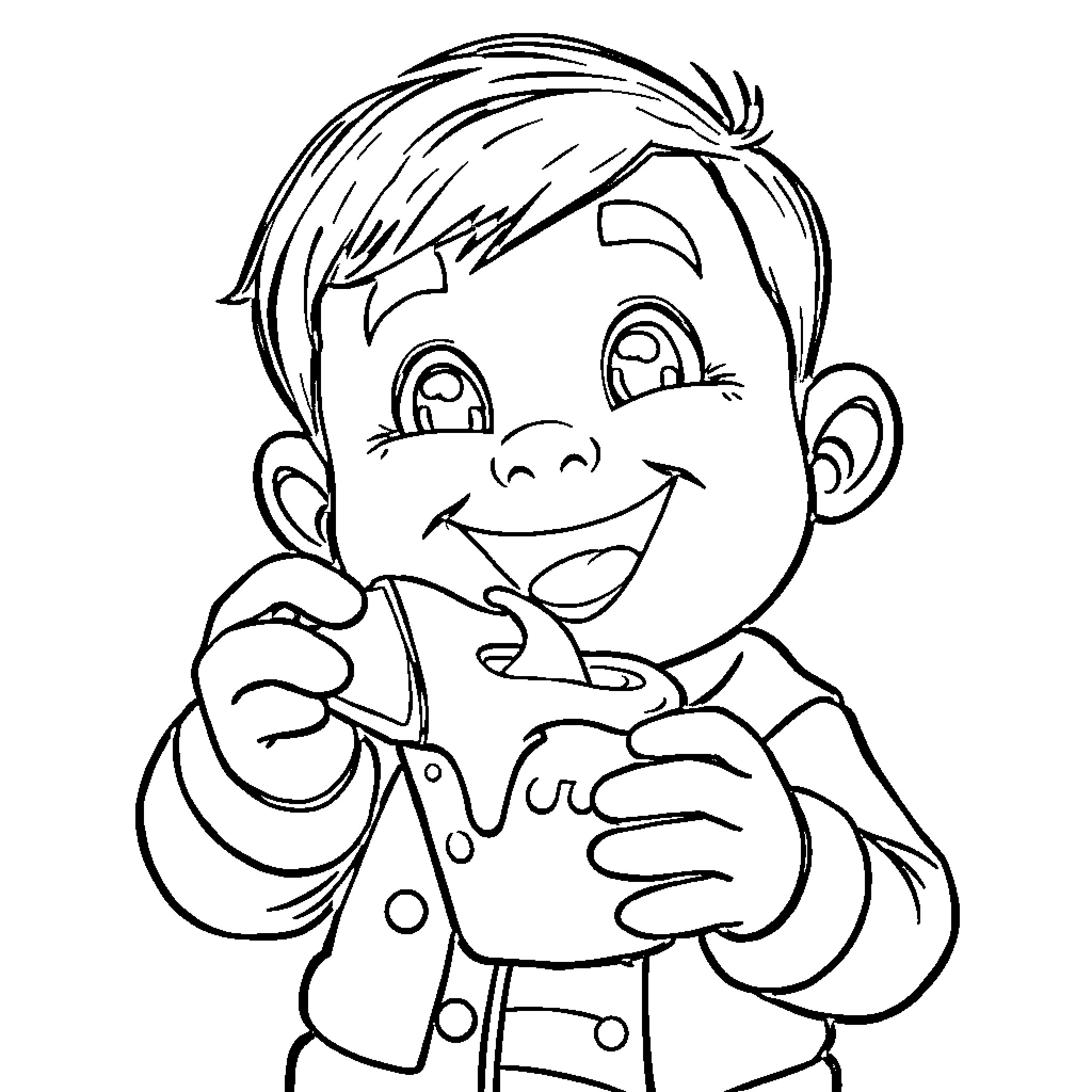 Bebé Juan enjoying his snack with a smile Coloring Page (free black-and-white line drawing printable PDF for all, from beginners to advanced learners, including children, teens, adults, and seniors)