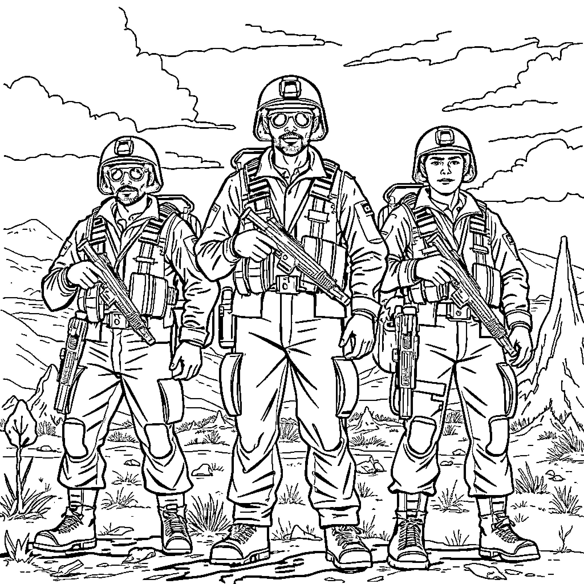 Minutemen soldiers on duty in rugged terrain Coloring Page (free black-and-white line drawing printable PDF for all, from beginners to advanced learners, including children, teens, adults, and seniors)