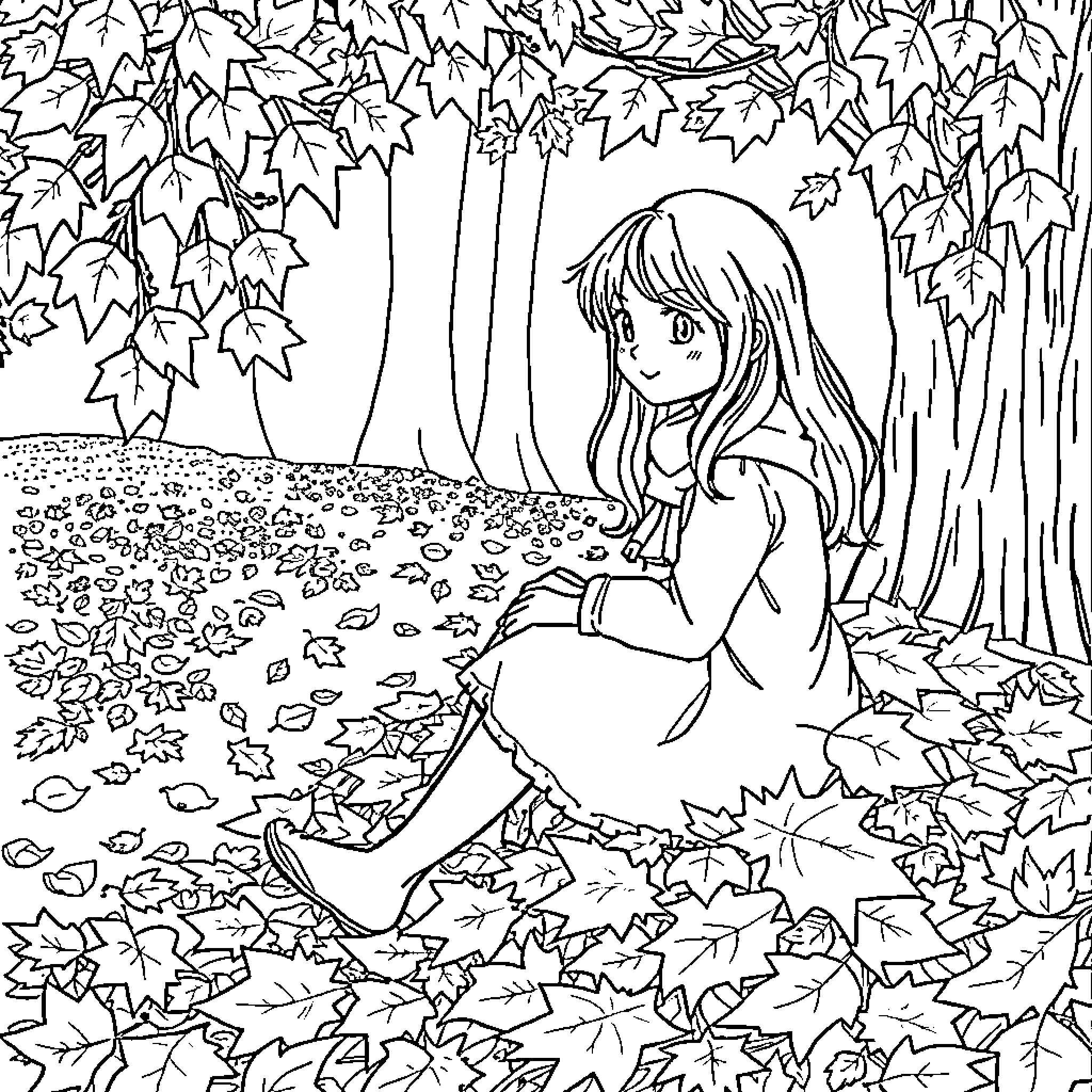 Girl in Autumn Wonderland Coloring Page (free black-and-white line drawing printable PDF for all, from beginners to advanced learners, including children, teens, adults, and seniors)