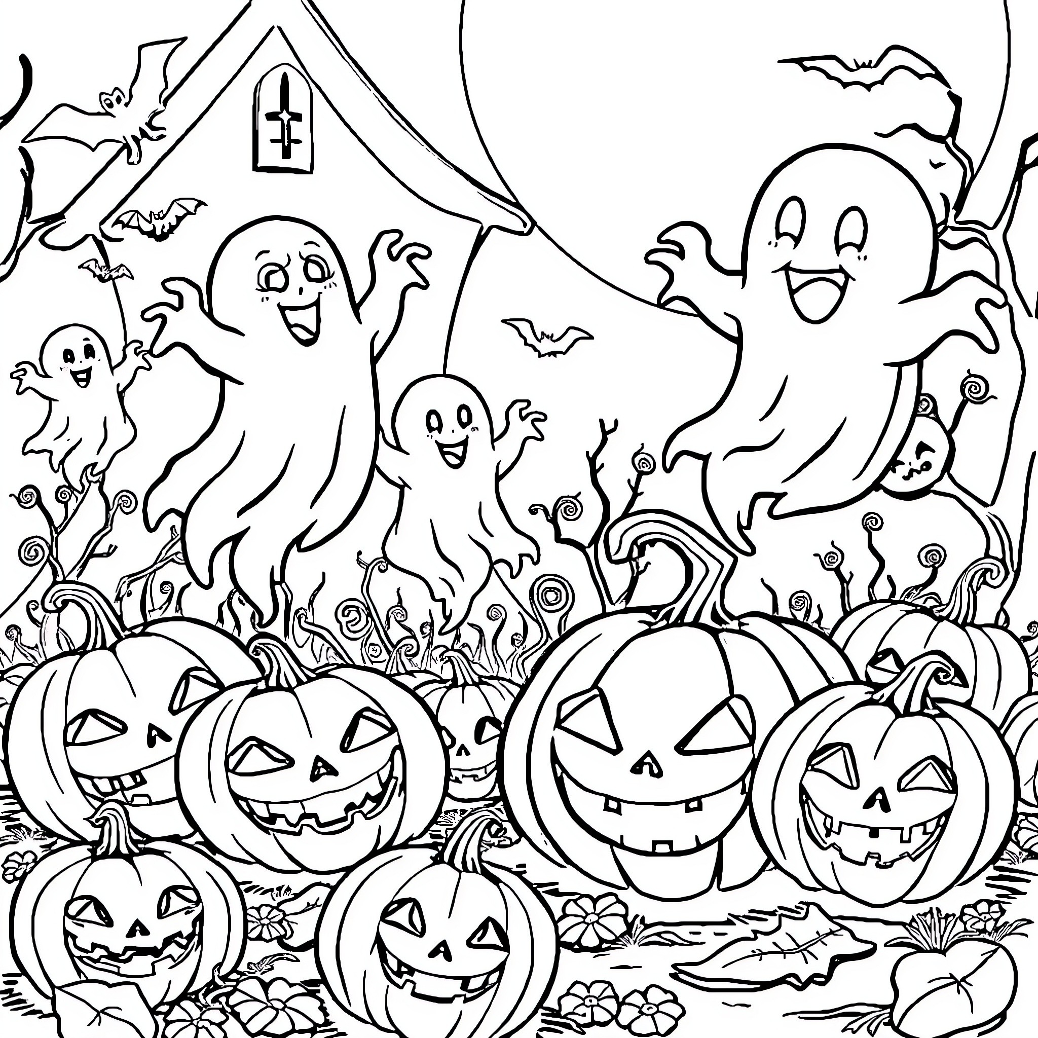Ghost Gathering with Cheerful Spirits and Carved Pumpkins Coloring Page (free black-and-white line drawing printable PDF for all, from beginners to advanced learners, including children, teens, adults, and seniors)