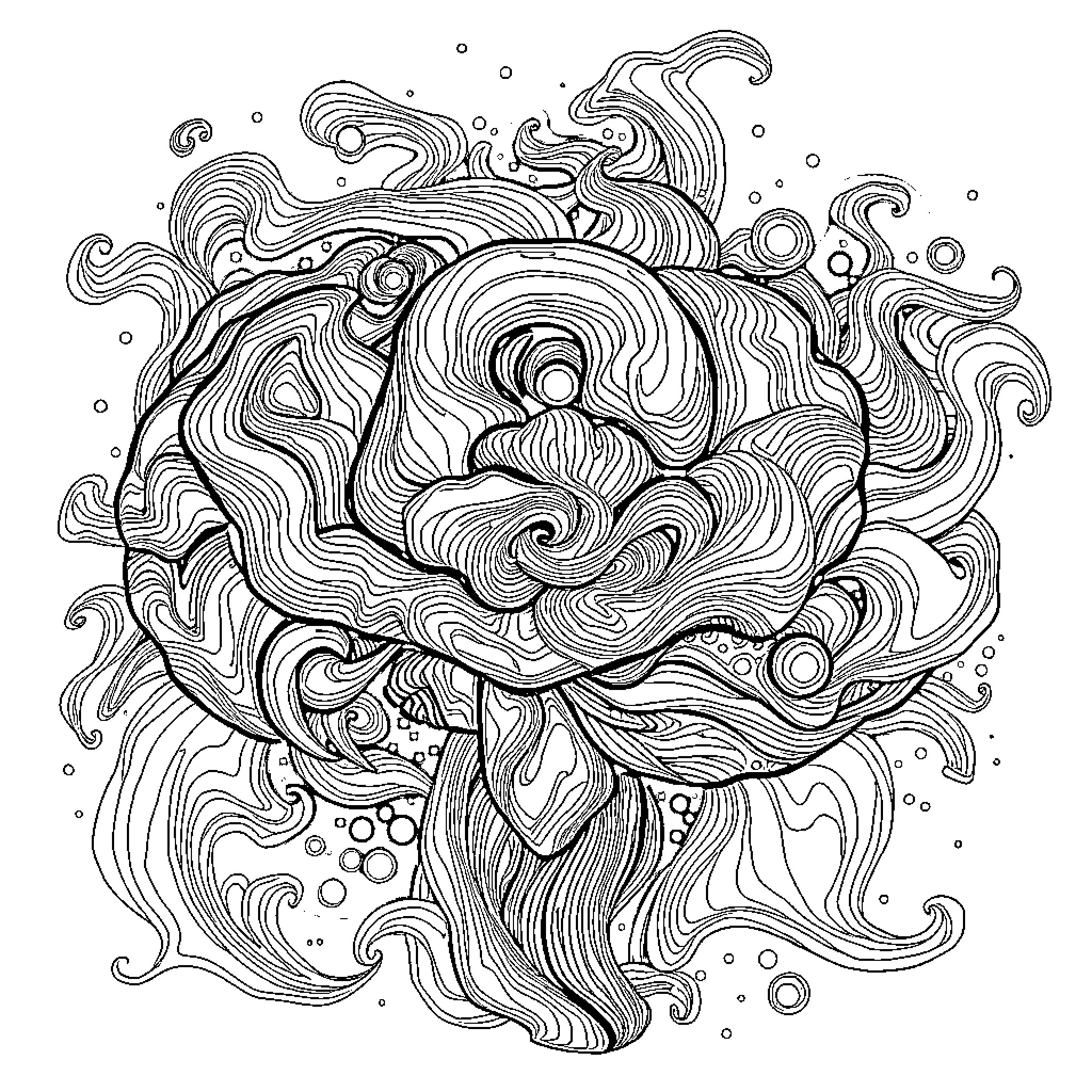 Brainrot of Flowing Floral Frenzy Coloring Page (free black-and-white line drawing printable PDF for all, from beginners to advanced learners, including children, teens, adults, and seniors)