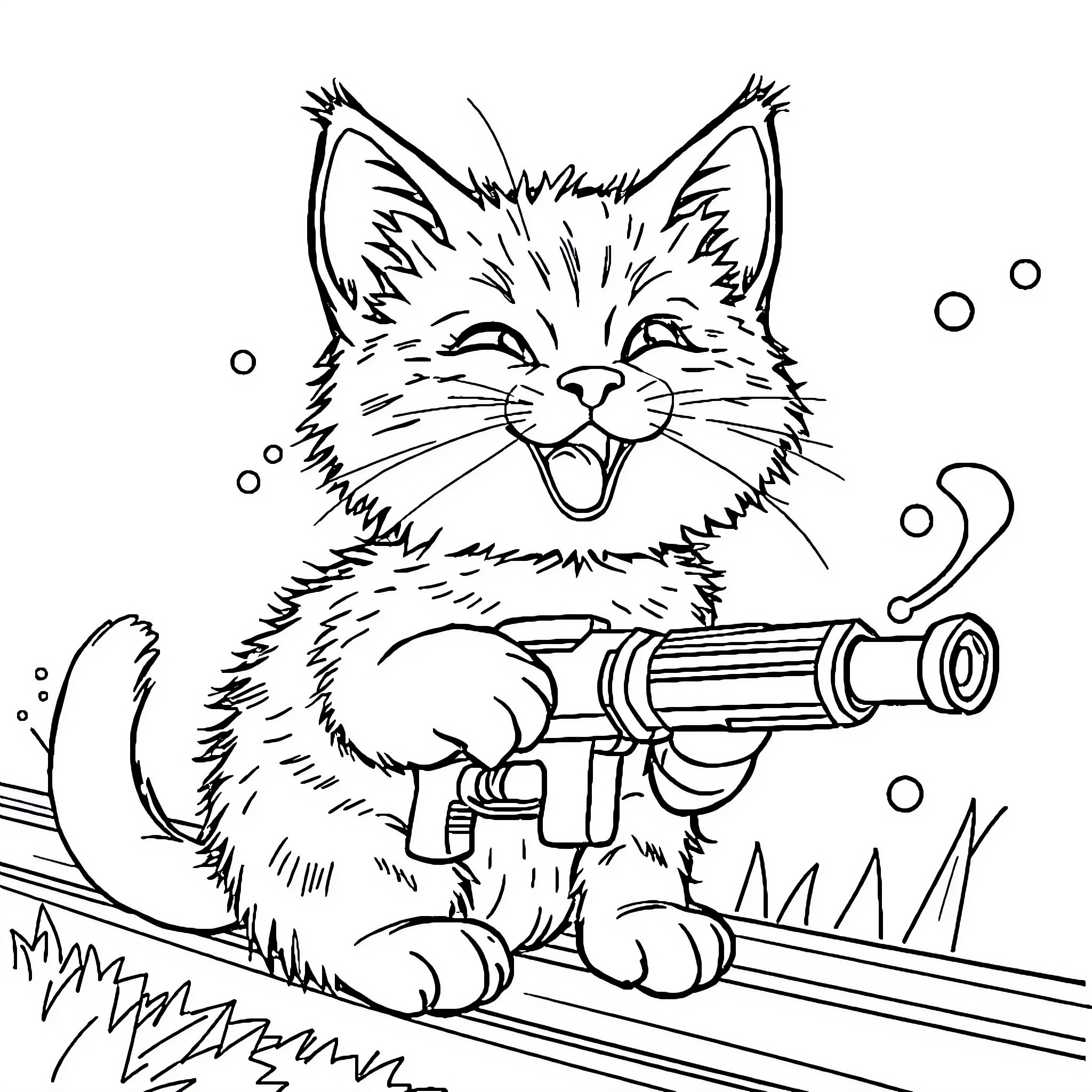 Chat with a Playful Feline Wielding a Weapon Coloring Page (free black-and-white line drawing printable PDF for all, from beginners to advanced learners, including children, teens, adults, and seniors)