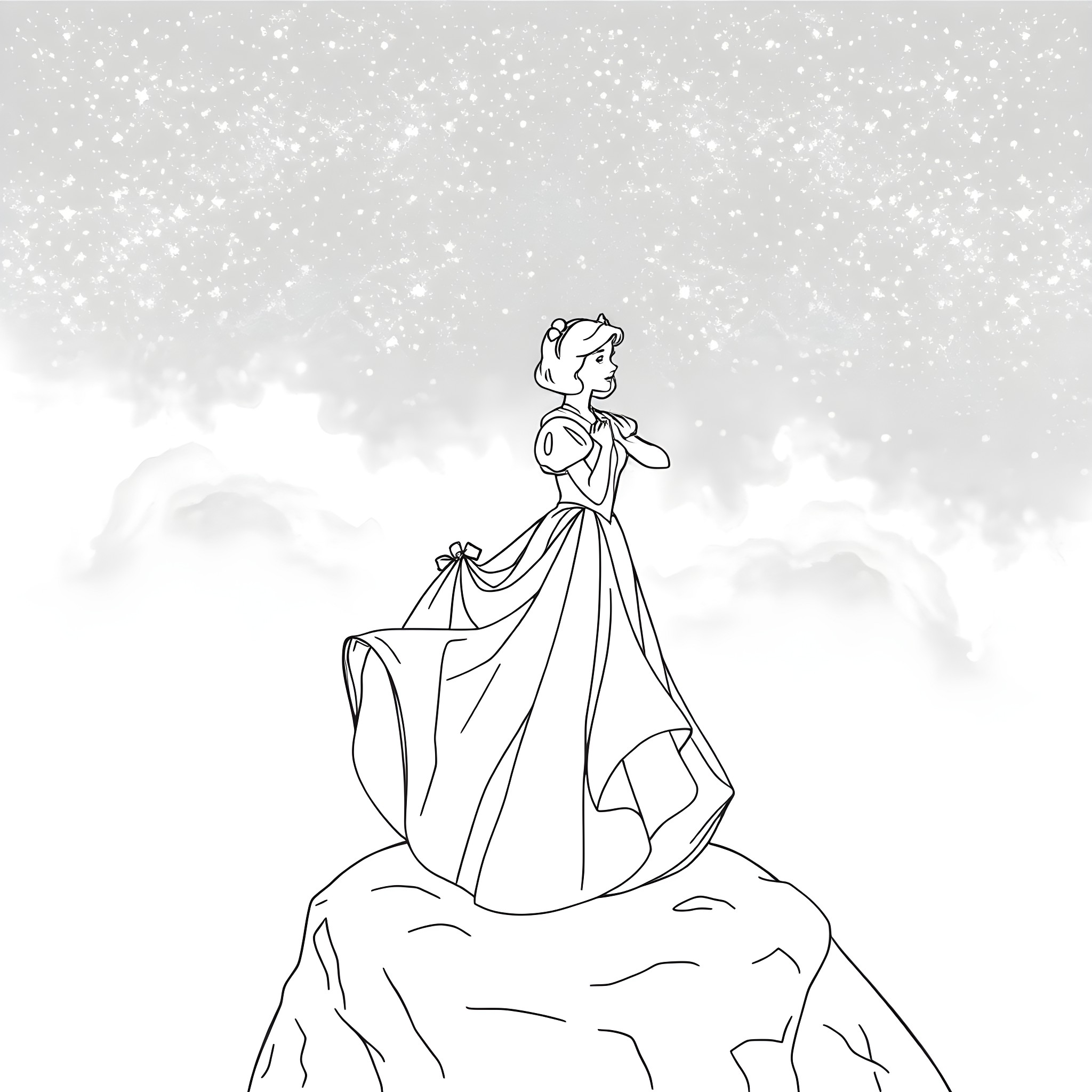 Snow White stands elegantly in a winter wonderland Coloring Page (free black-and-white line drawing printable PDF for all, from beginners to advanced learners, including children, teens, adults, and seniors)