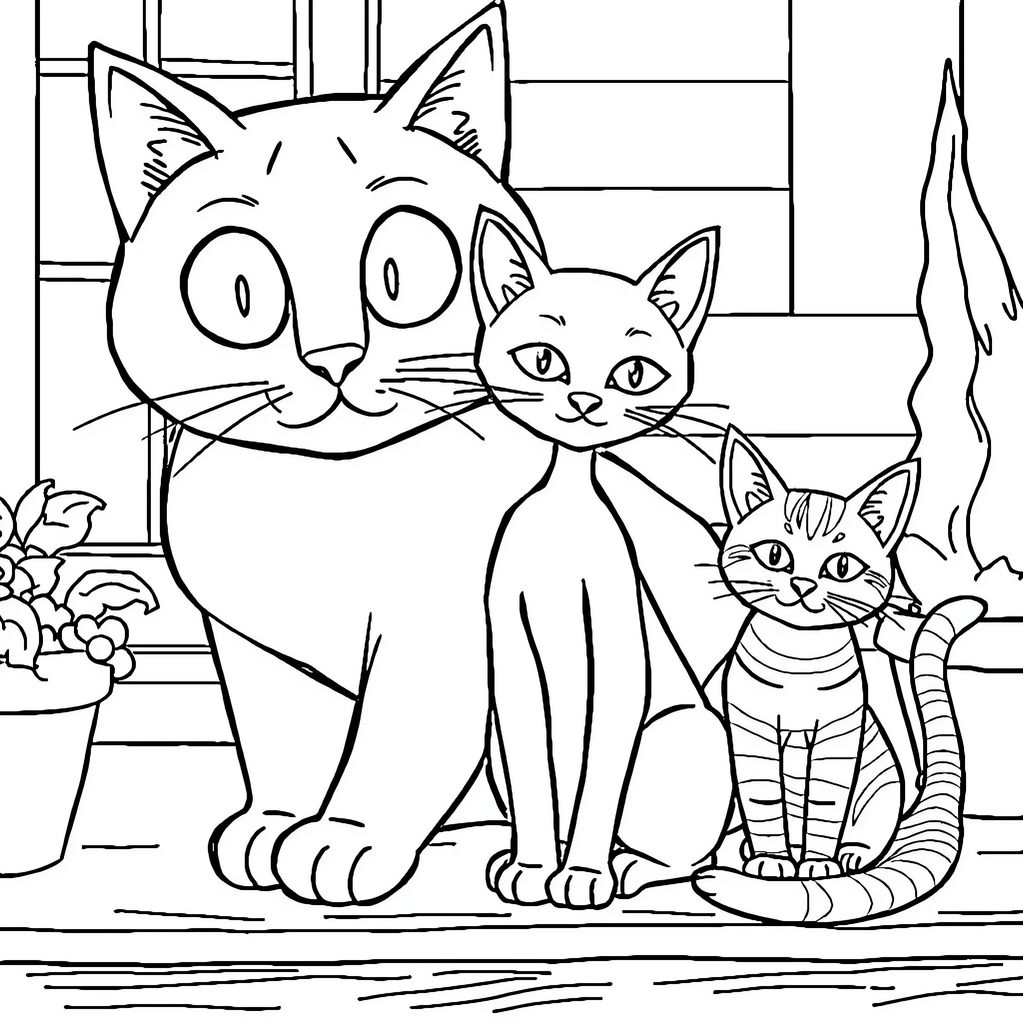 Cat family portrait in indoor setting Coloring Page (free black-and-white line drawing printable PDF for all, from beginners to advanced learners, including children, teens, adults, and seniors)