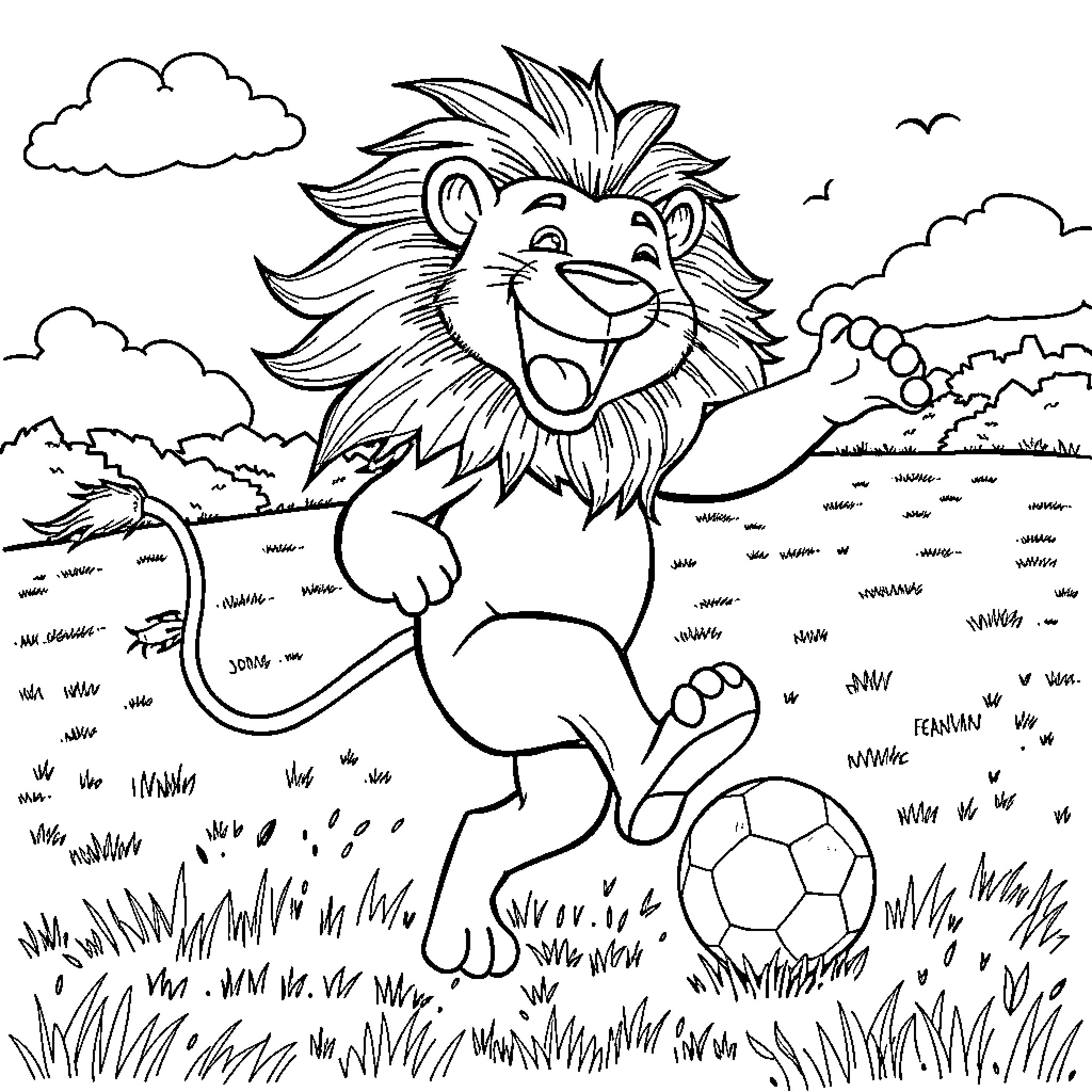 Lion playing with a soccer ball in the park Coloring Page (free black-and-white line drawing printable PDF for all, from beginners to advanced learners, including children, teens, adults, and seniors)