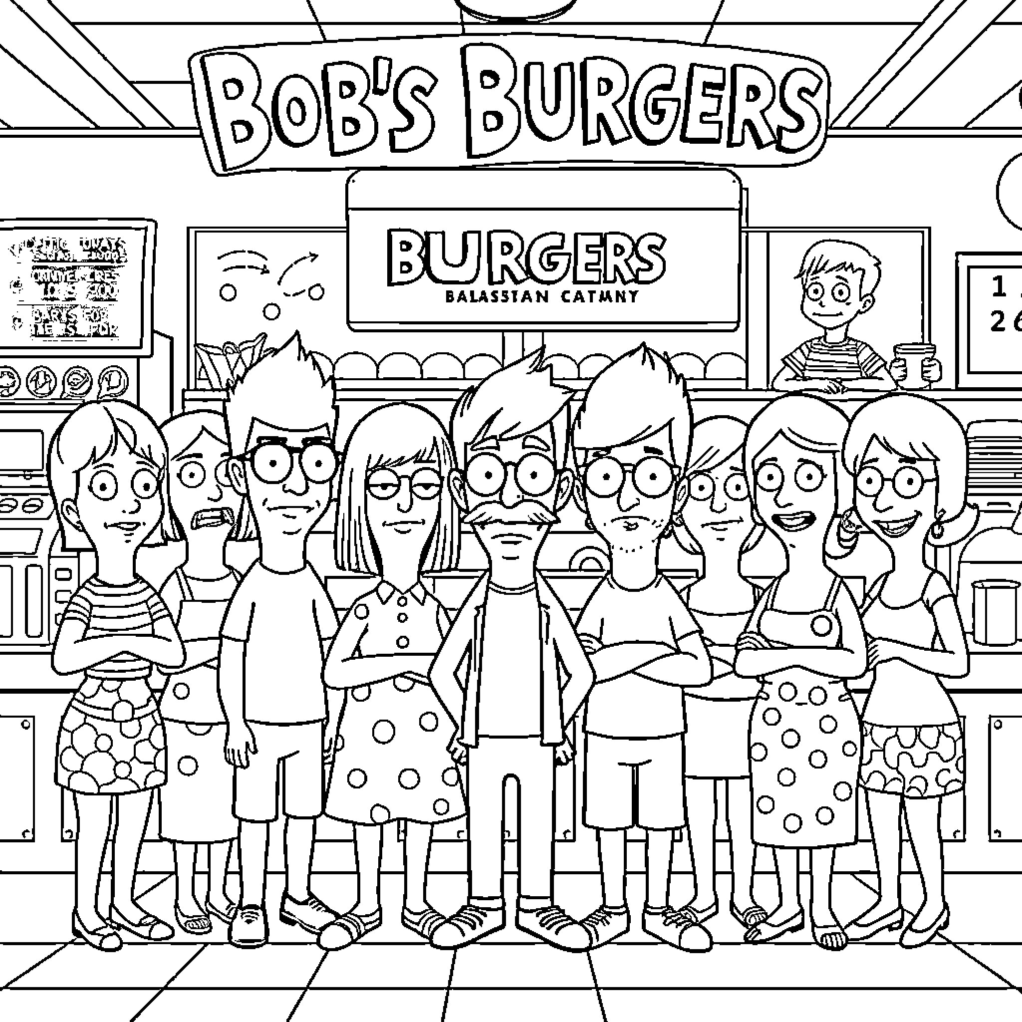Bob's Burgers characters working together at the restaurant Coloring Page (free black-and-white line drawing printable PDF for all, from beginners to advanced learners, including children, teens, adults, and seniors)