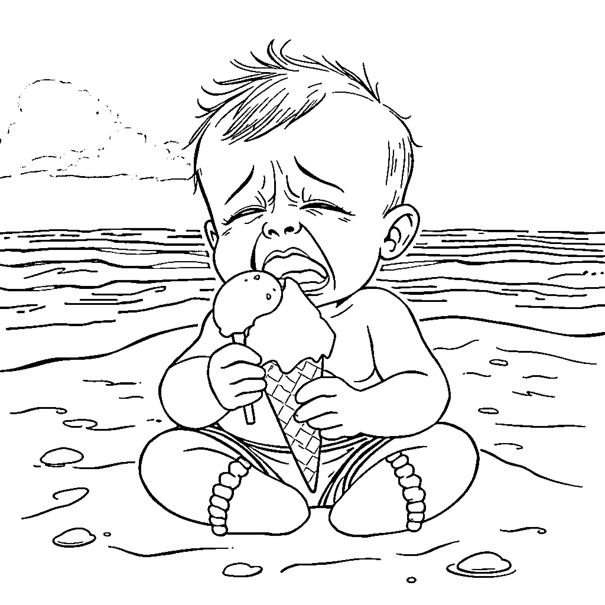 Baby enjoying delicious ice cream on the beach Coloring Page (free black-and-white line drawing printable PDF for all, from beginners to advanced learners, including children, teens, adults, and seniors)