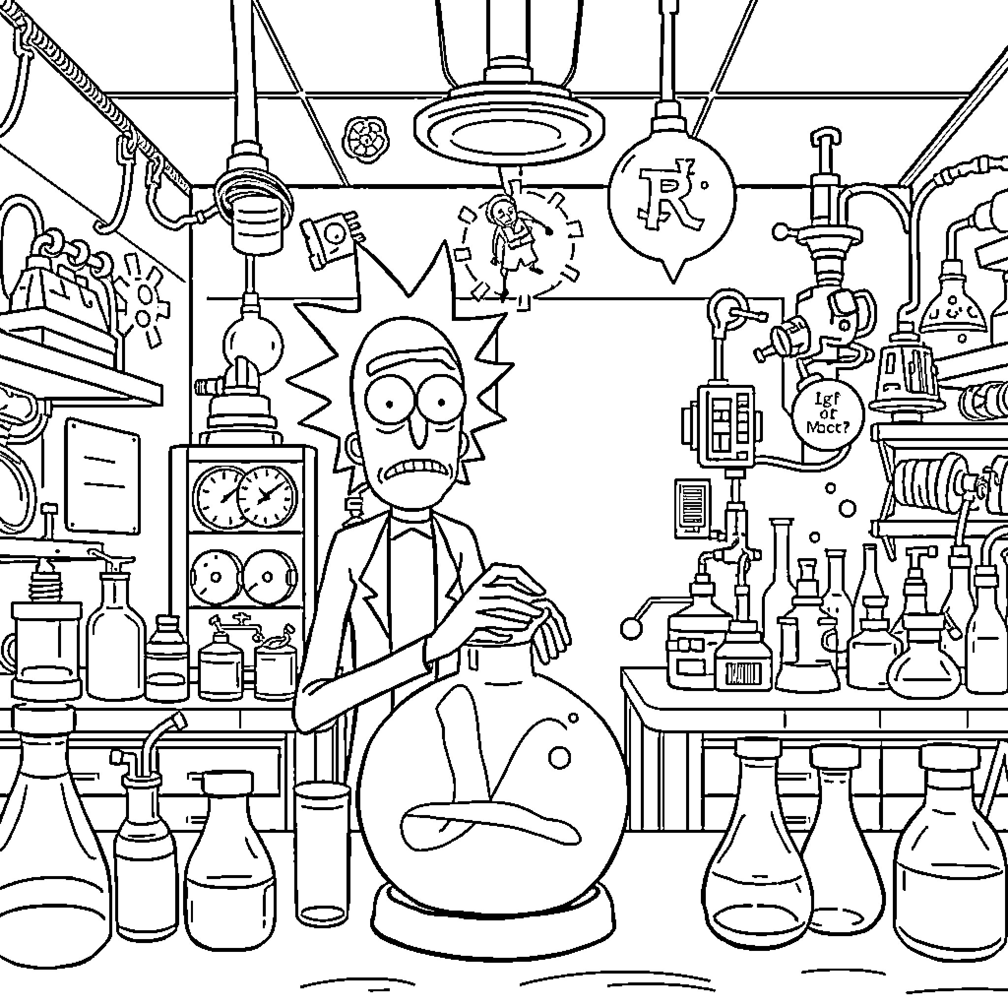 Rick's Zany Laboratory Adventure Coloring Page (free black-and-white line drawing printable PDF for all, from beginners to advanced learners, including children, teens, adults, and seniors)