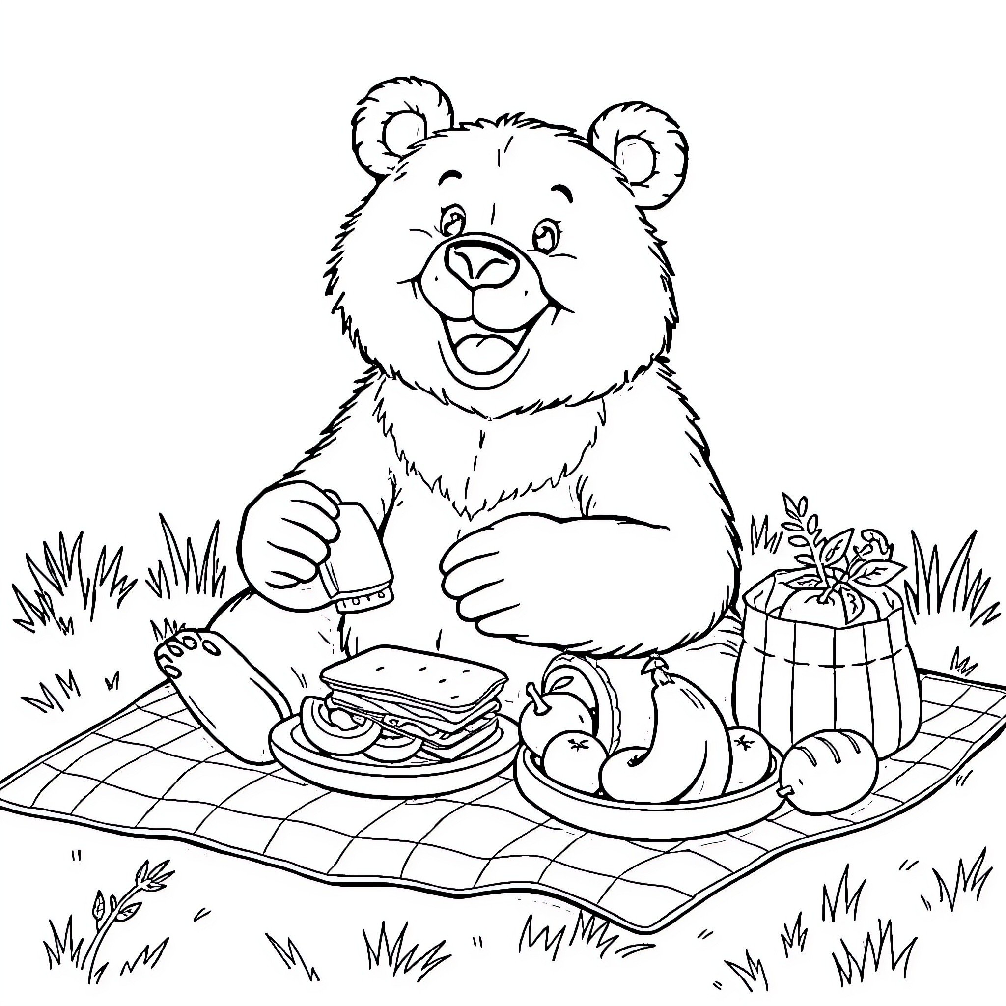 Bear enjoying a picnic in the park Coloring Page (free black-and-white line drawing printable PDF for all, from beginners to advanced learners, including children, teens, adults, and seniors)