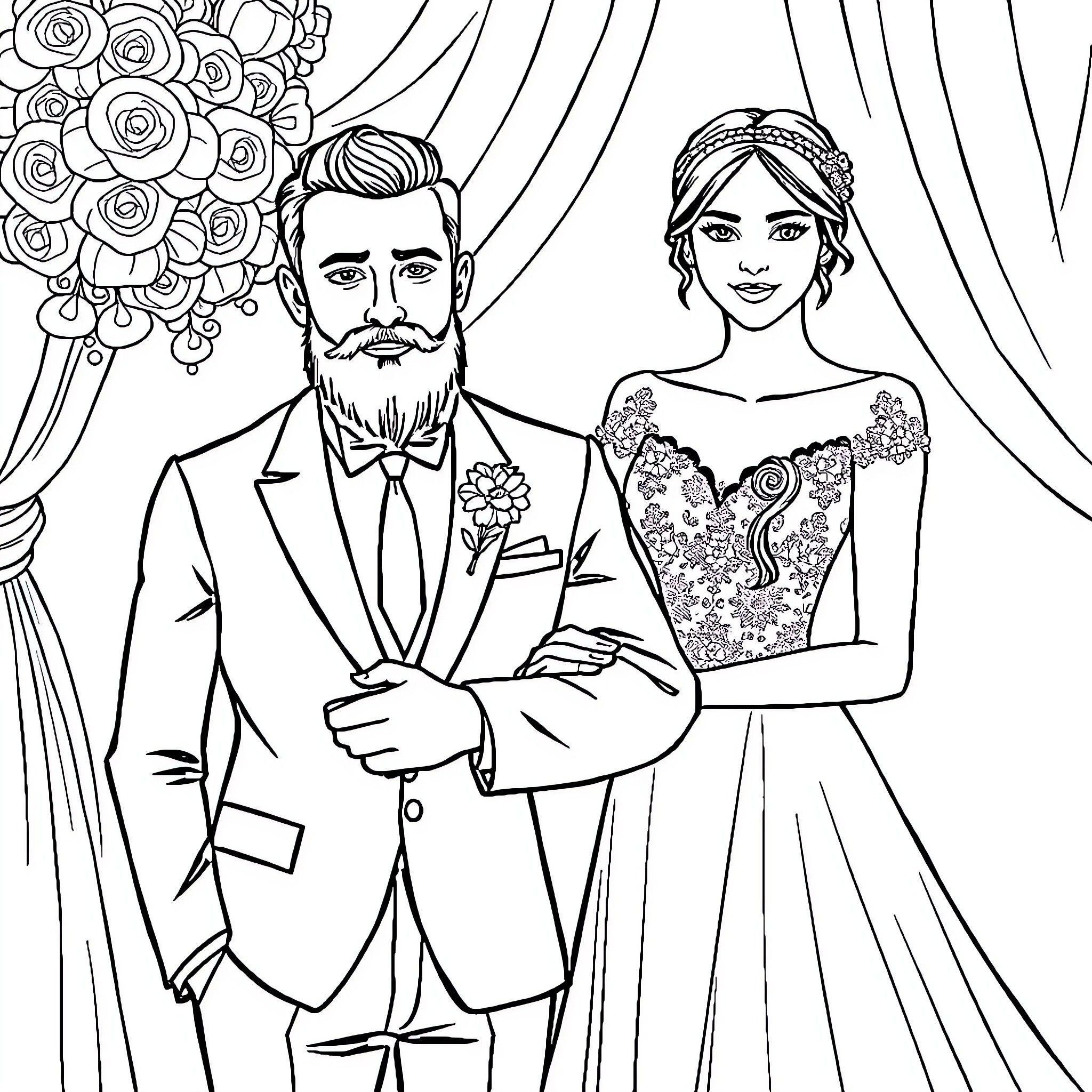 Bride and Groom Elegant Wedding Portrait Coloring Page (free black-and-white line drawing printable PDF for all, from beginners to advanced learners, including children, teens, adults, and seniors)