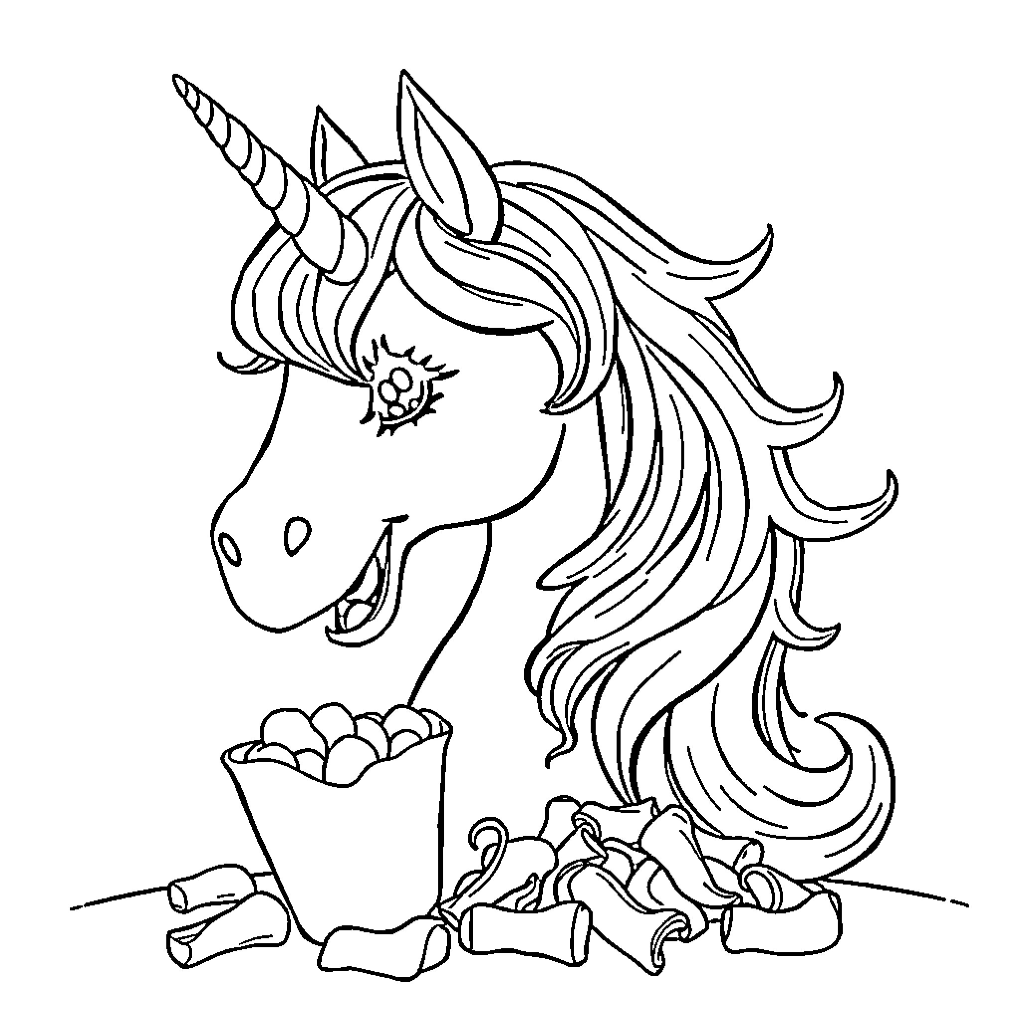 Unicorn collecting colorful gemstones in a basket Coloring Page (free black-and-white line drawing printable PDF for all, from beginners to advanced learners, including children, teens, adults, and seniors)
