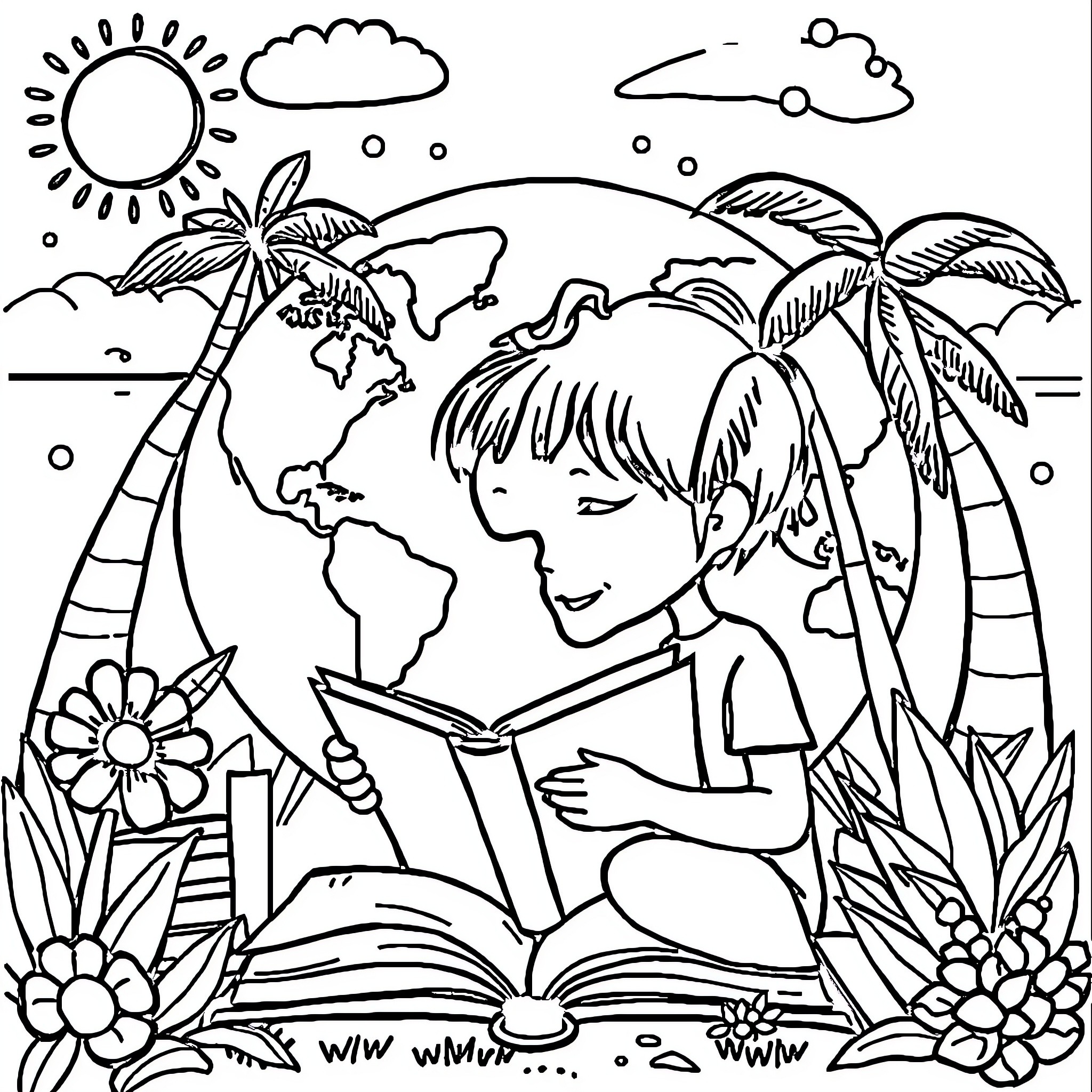 World of Reading and Learning Coloring Page (free black-and-white line drawing printable PDF for all, from beginners to advanced learners, including children, teens, adults, and seniors)