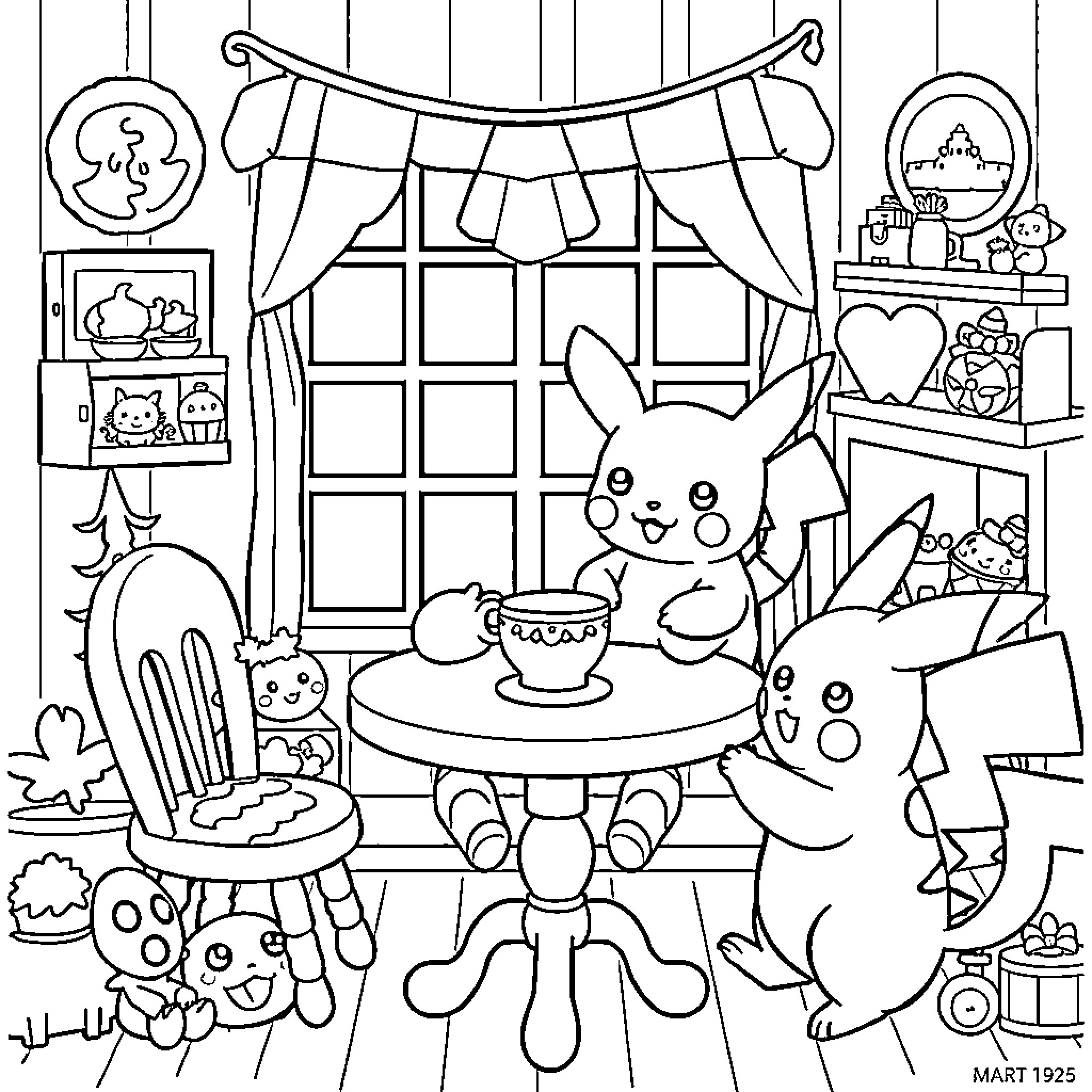 Pillow Cat Enjoying Cozy Cottage Scene Coloring Page (free black-and-white line drawing printable PDF for all, from beginners to advanced learners, including children, teens, adults, and seniors)