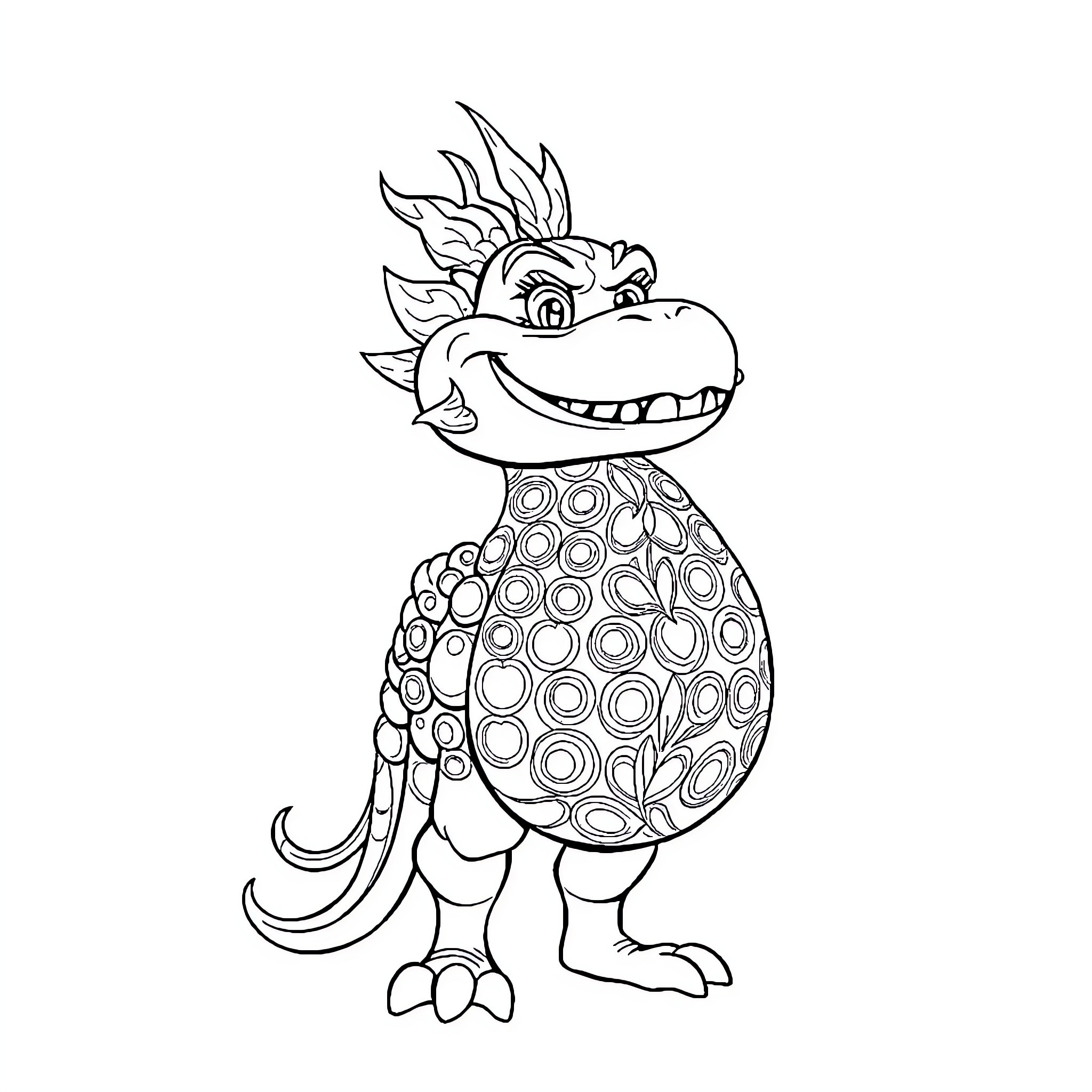 Character smiling monster with spiky hair Coloring Page (free black-and-white line drawing printable PDF for all, from beginners to advanced learners, including children, teens, adults, and seniors)