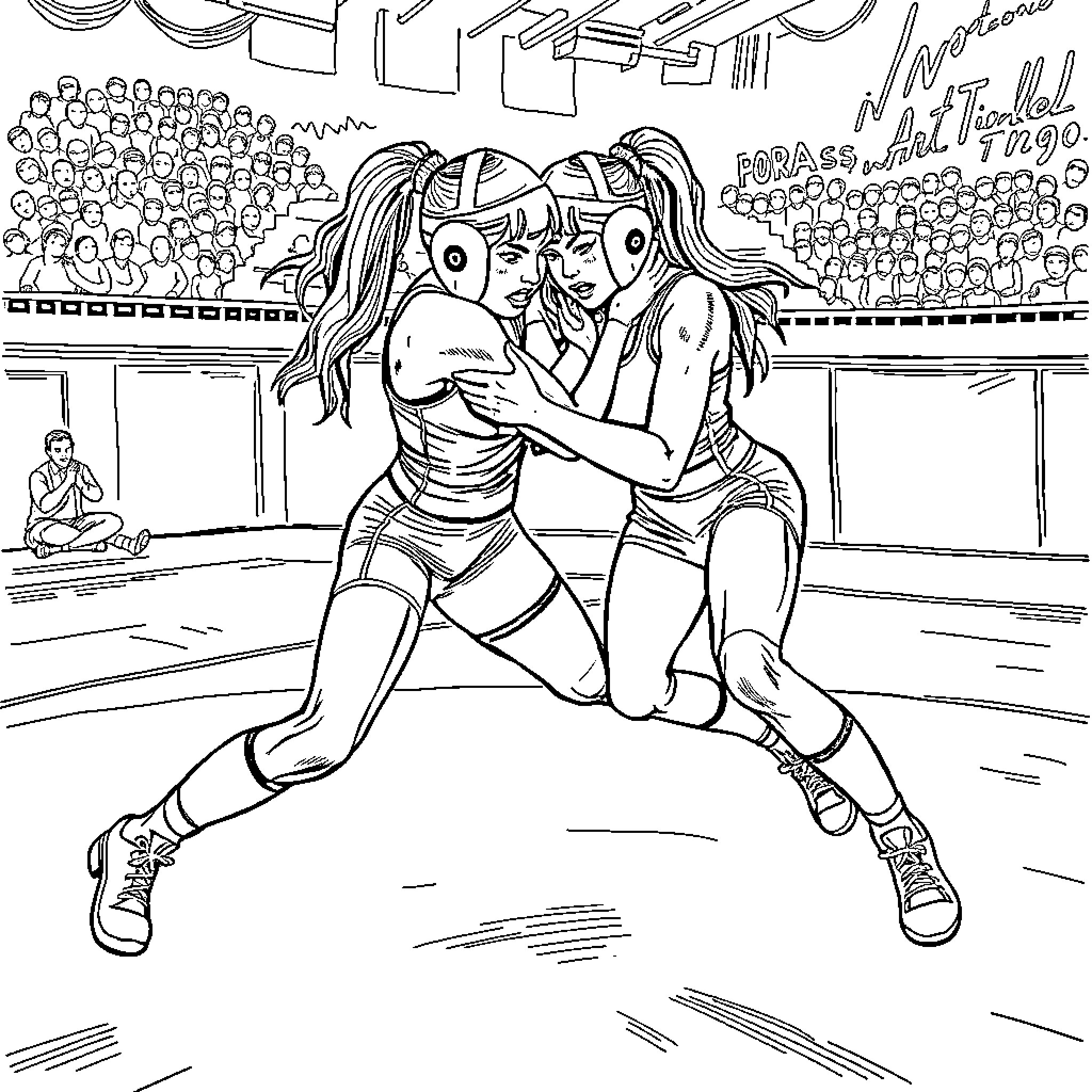 Wrestlers in an intense grappling match on stage Coloring Page (free black-and-white line drawing printable PDF for all, from beginners to advanced learners, including children, teens, adults, and seniors)