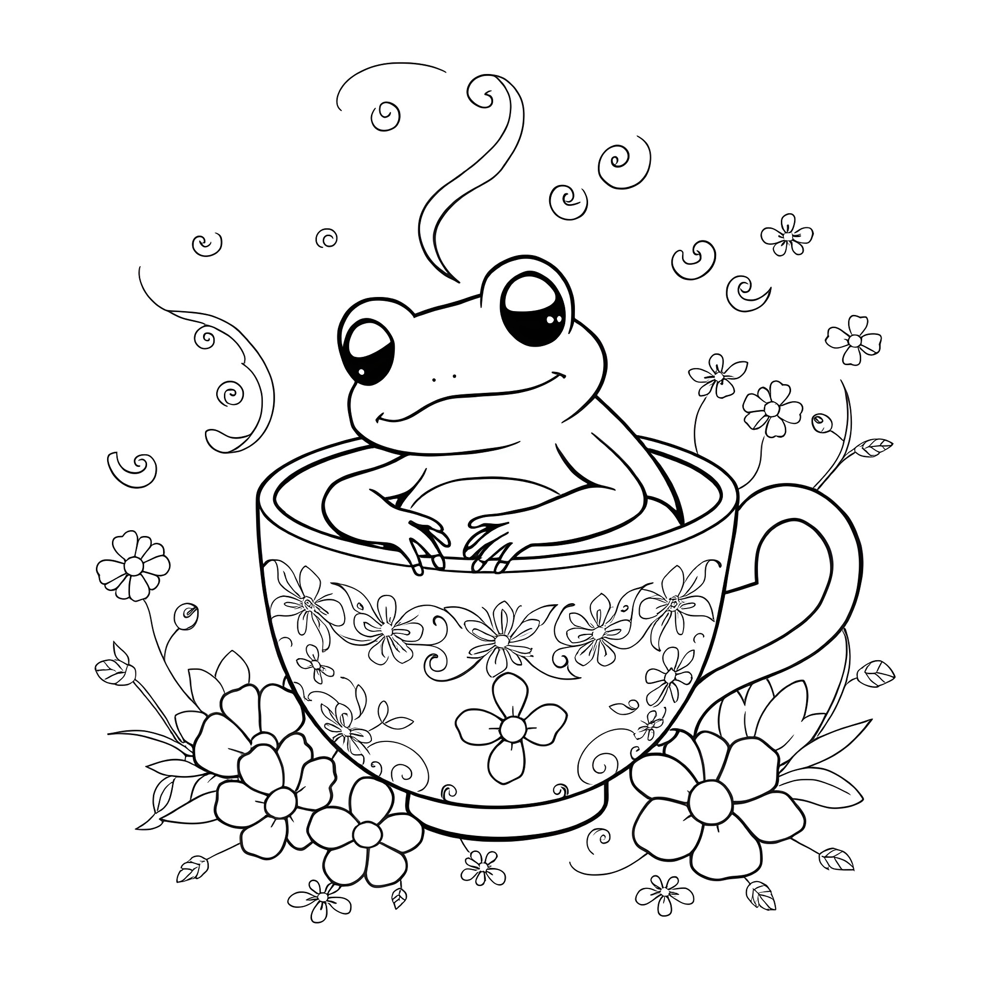 Frog relaxing in a floral teacup Coloring Page (free black-and-white line drawing printable PDF for all, from beginners to advanced learners, including children, teens, adults, and seniors)