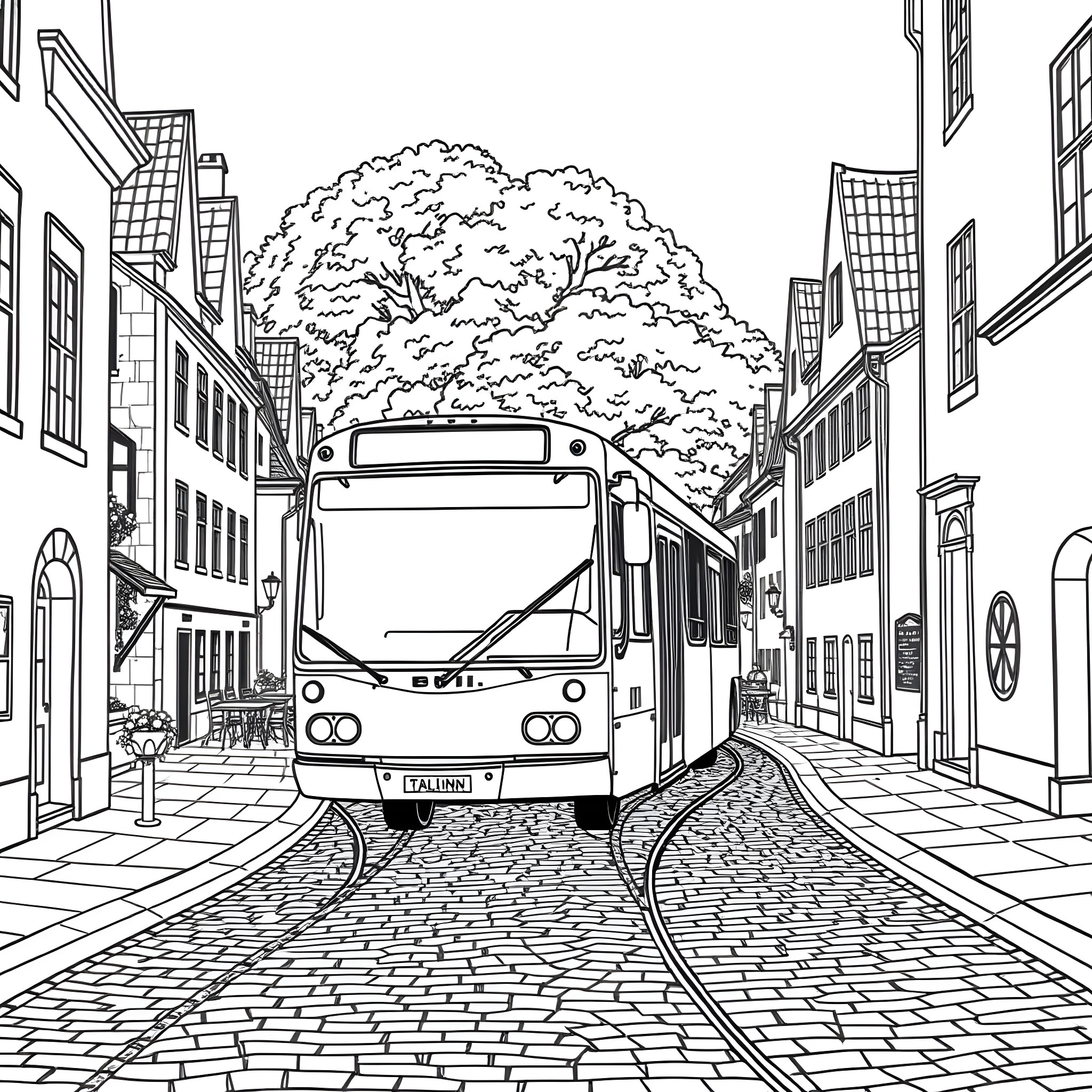 Bus driving through the city street Coloring Page (free black-and-white line drawing printable PDF for all, from beginners to advanced learners, including children, teens, adults, and seniors)