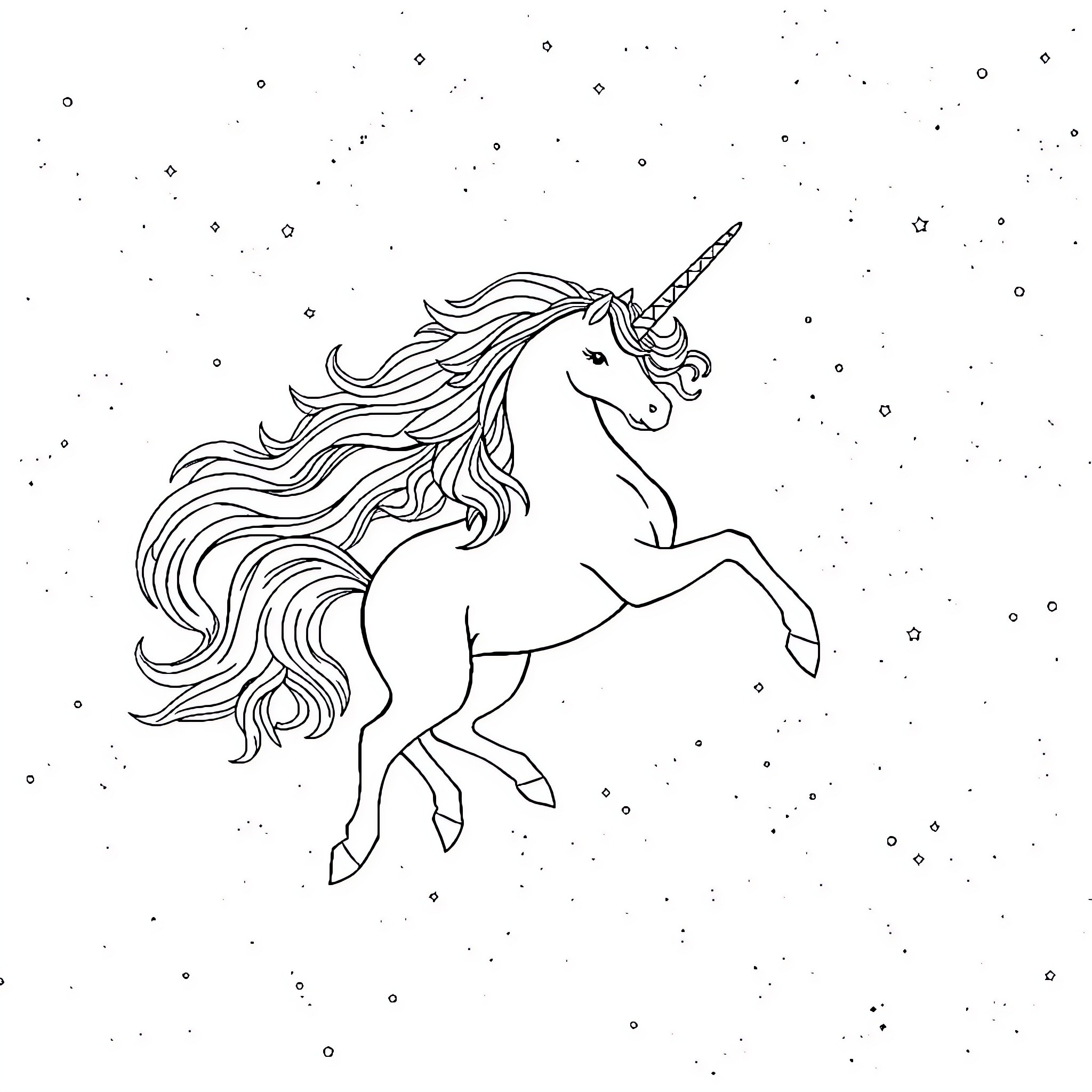 Unicorn leaping gracefully through starry night Coloring Page (free black-and-white line drawing printable PDF for all, from beginners to advanced learners, including children, teens, adults, and seniors)