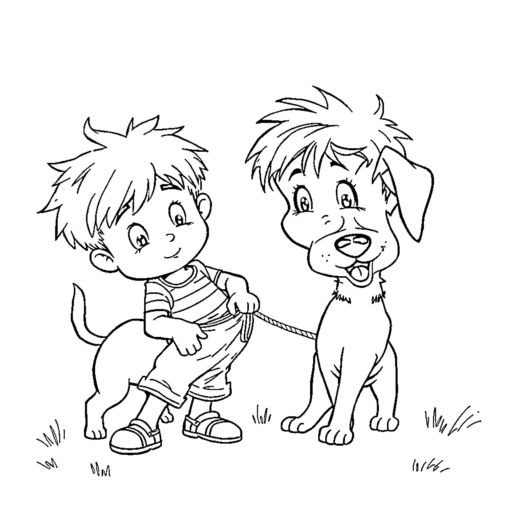 Chucky's Canine Companion: A Boy and His Dog Coloring Page (free black-and-white line drawing printable PDF for all, from beginners to advanced learners, including children, teens, adults, and seniors)