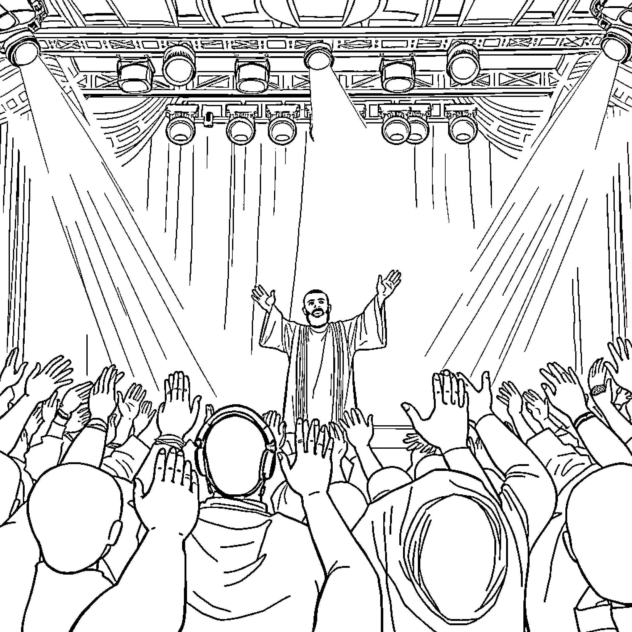 Rumi's Exhilarating Performance on Stage Coloring Page (free black-and-white line drawing printable PDF for all, from beginners to advanced learners, including children, teens, adults, and seniors)
