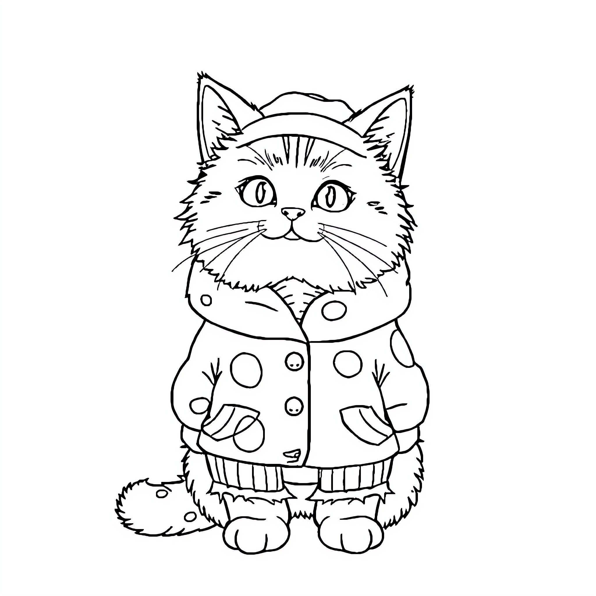 Cat wearing a polka dot coat Coloring Page (free black-and-white line drawing printable PDF for all, from beginners to advanced learners, including children, teens, adults, and seniors)