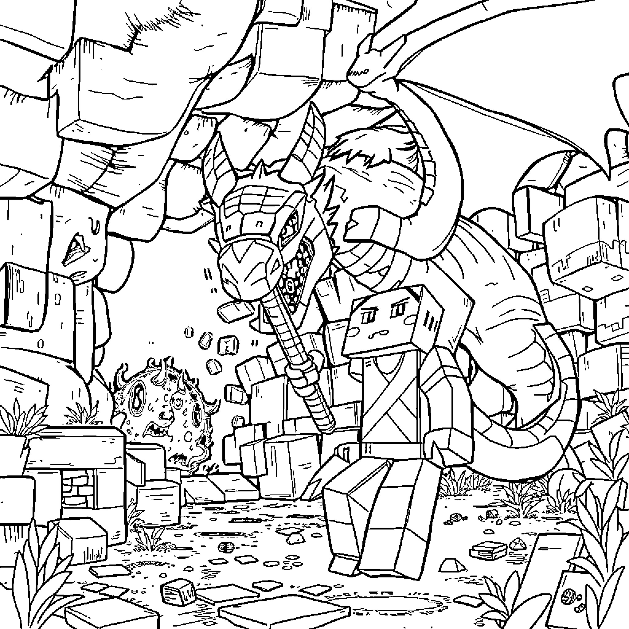Minecraft Boy Exploring Fantastical Landscape Coloring Page (free black-and-white line drawing printable PDF for all, from beginners to advanced learners, including children, teens, adults, and seniors)