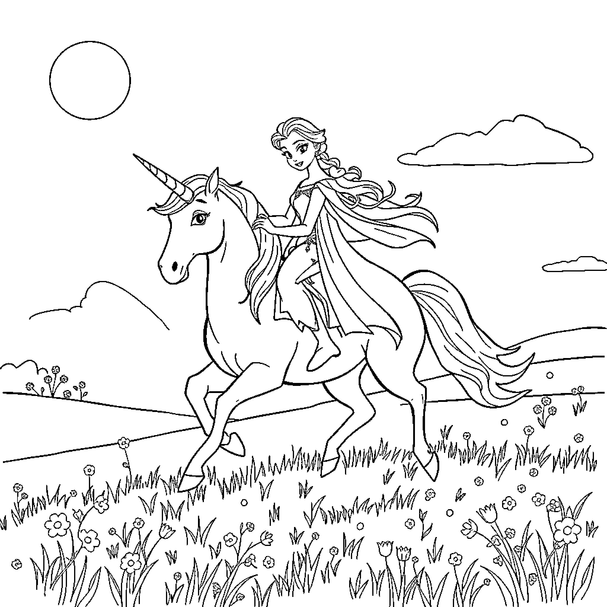 Elsa riding a unicorn through a magical meadow Coloring Page (free black-and-white line drawing printable PDF for all, from beginners to advanced learners, including children, teens, adults, and seniors)