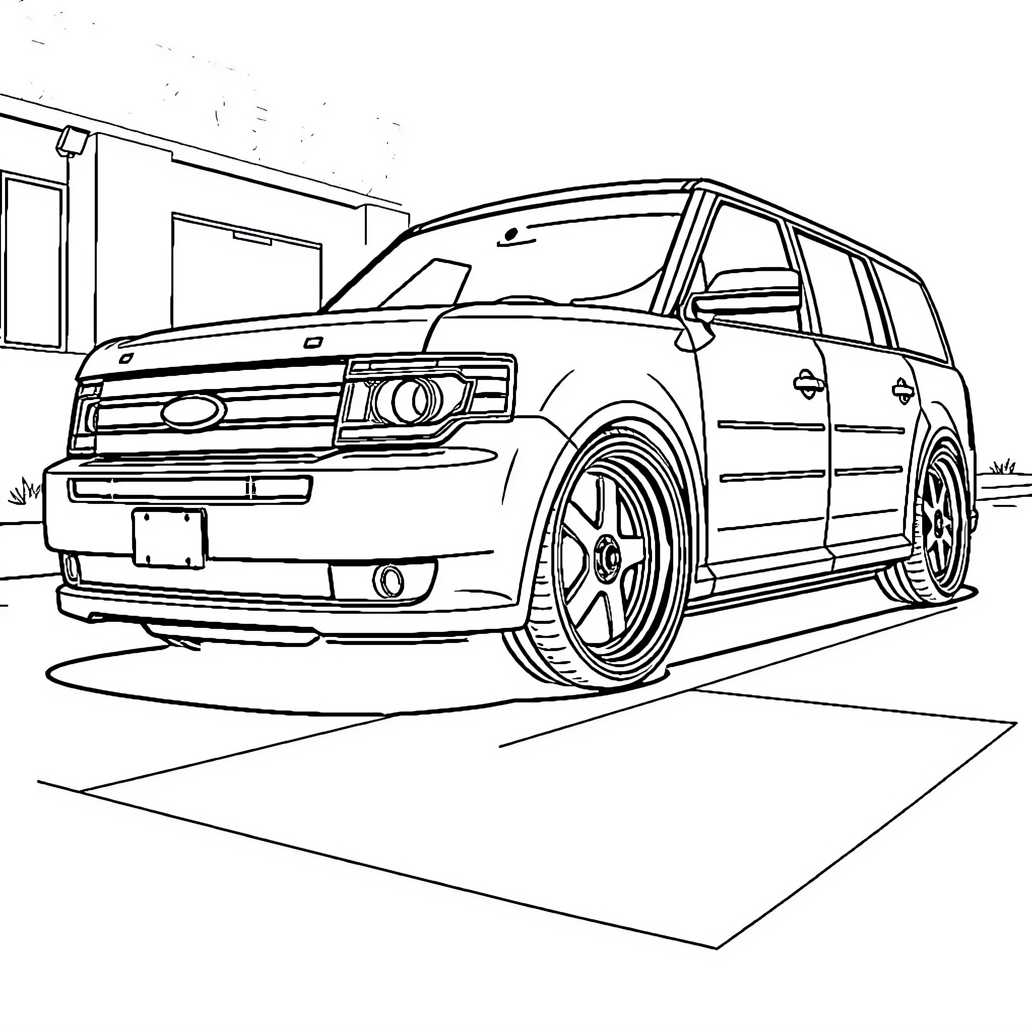 Ford SUV parked in front of building Coloring Page (free black-and-white line drawing printable PDF for all, from beginners to advanced learners, including children, teens, adults, and seniors)