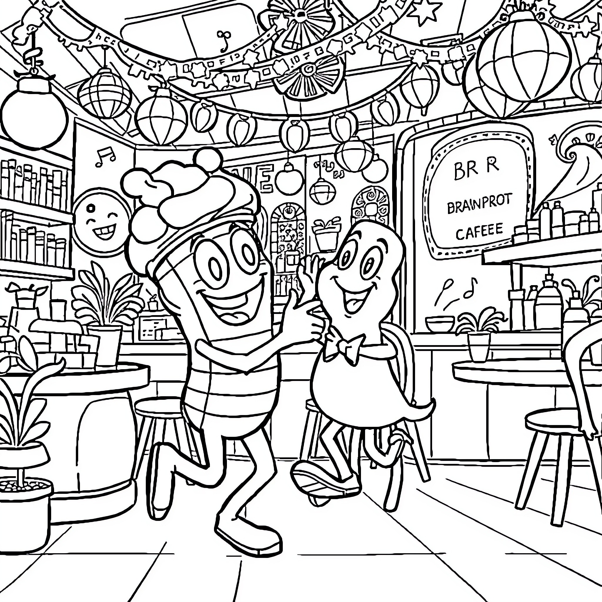 Brainrot Café: Cartoon Characters in Festive Celebration Coloring Page (free black-and-white line drawing printable PDF for all, from beginners to advanced learners, including children, teens, adults, and seniors)
