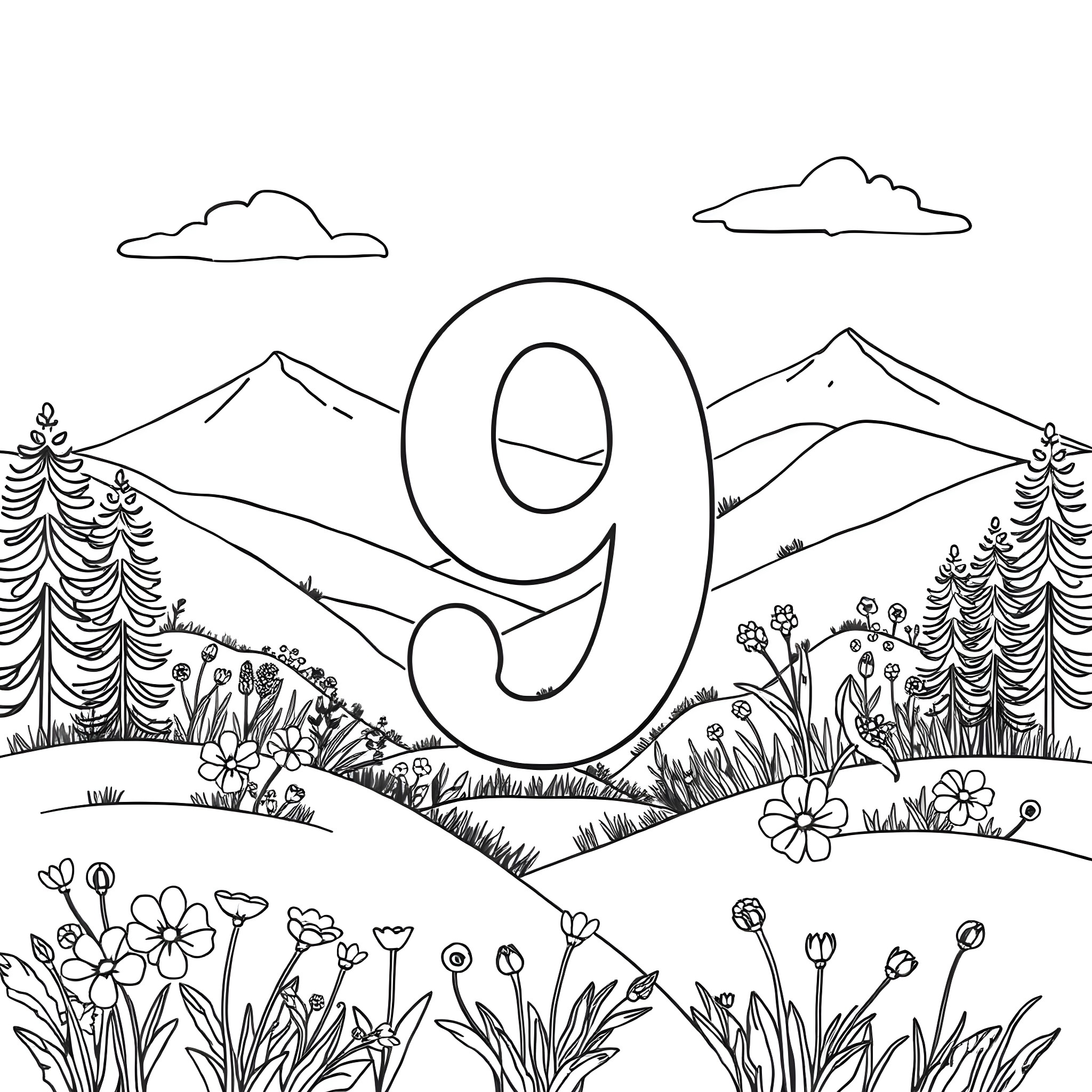 Number 9 nature scene with mountain and flowers Coloring Page (free black-and-white line drawing printable PDF for all, from beginners to advanced learners, including children, teens, adults, and seniors)