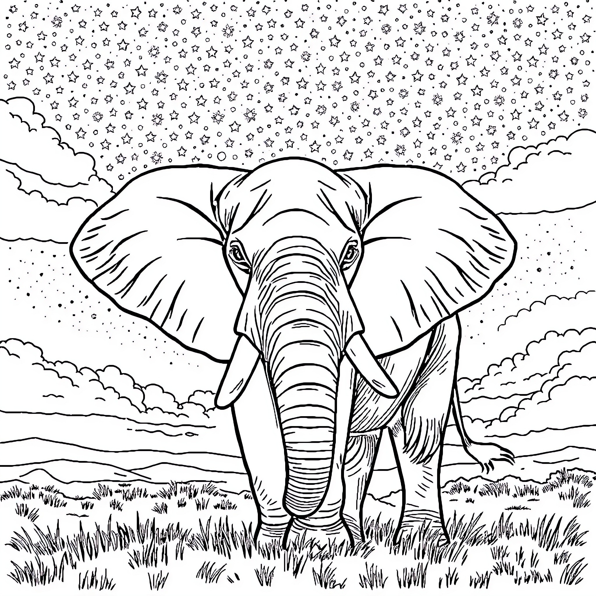 Elephant walking in the starry night Coloring Page (free black-and-white line drawing printable PDF for all, from beginners to advanced learners, including children, teens, adults, and seniors)