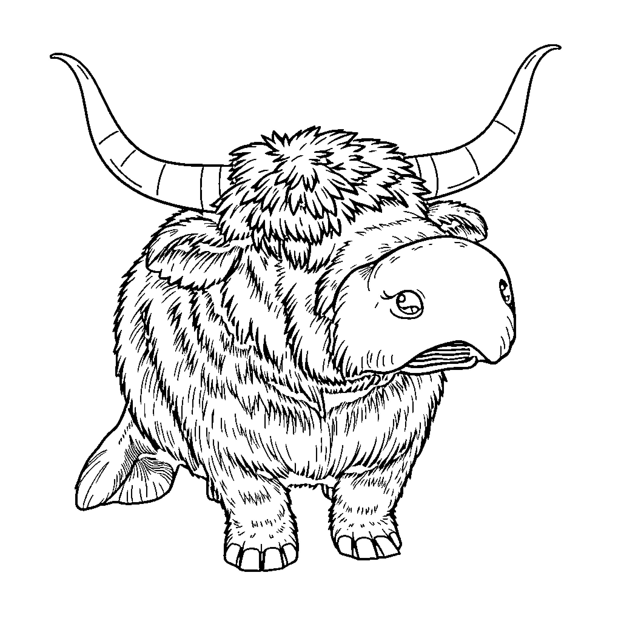 Highland Cow-Manatee Creature with Curious Expression Coloring Page (free black-and-white line drawing printable PDF for all, from beginners to advanced learners, including children, teens, adults, and seniors)