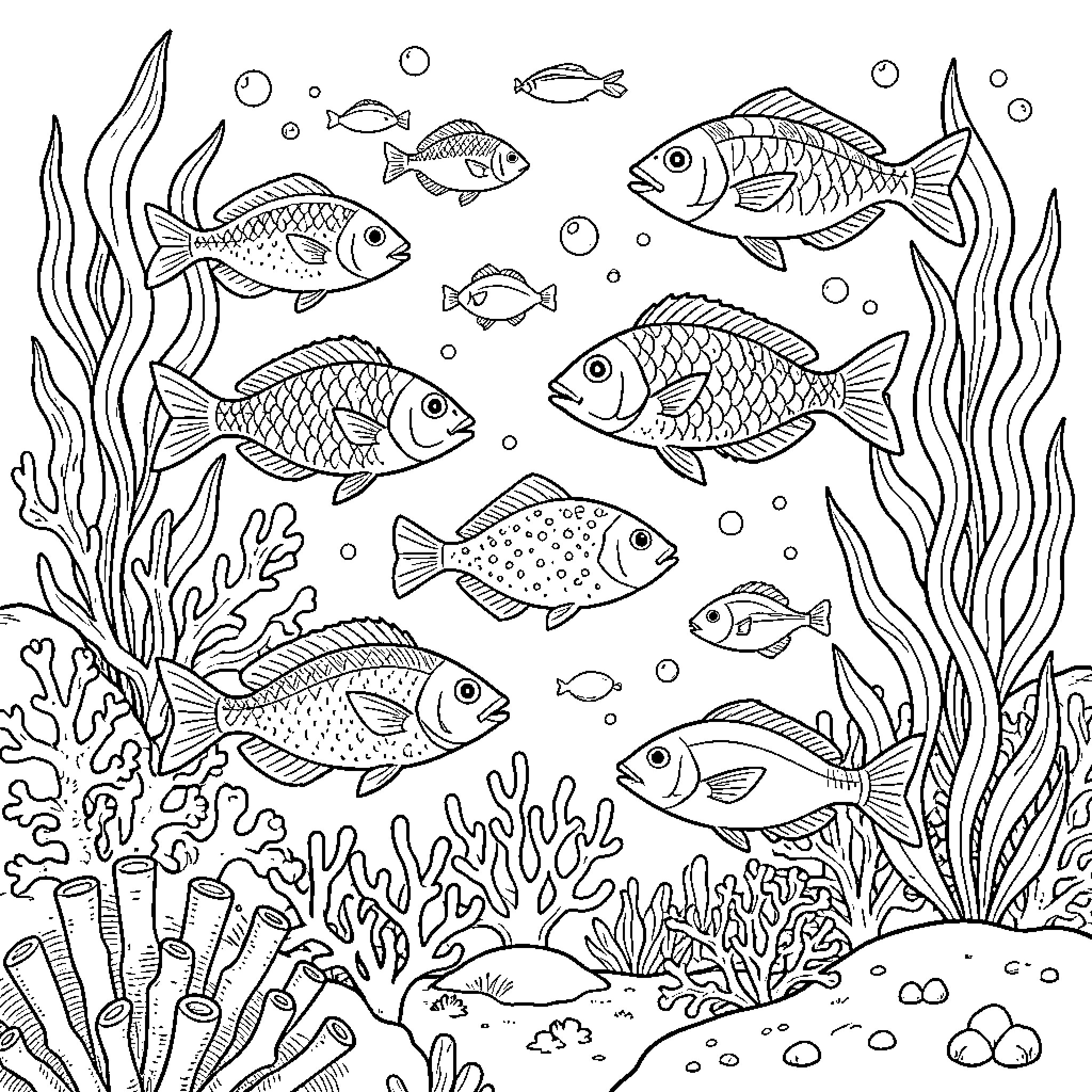 Ocean Life with many fish swimming through coral reefs Coloring Page (free black-and-white line drawing printable PDF for all, from beginners to advanced learners, including children, teens, adults, and seniors)