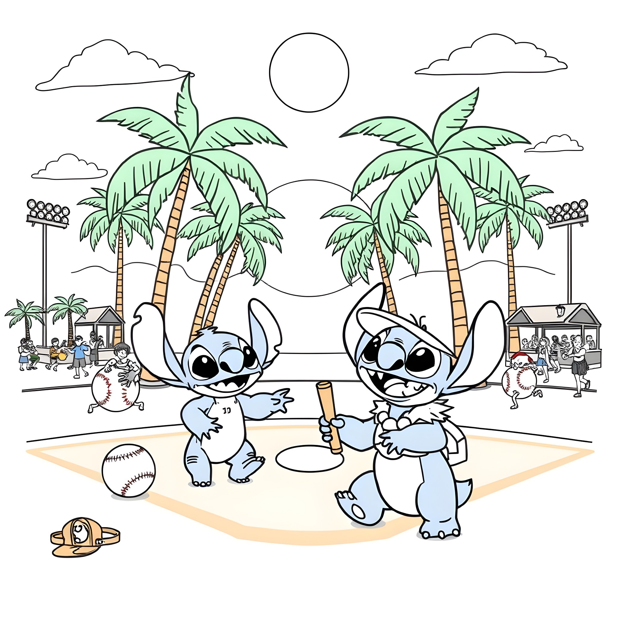 Lilo and Stitch playing baseball in paradise Coloring Page (free black-and-white line drawing printable PDF for all, from beginners to advanced learners, including children, teens, adults, and seniors)
