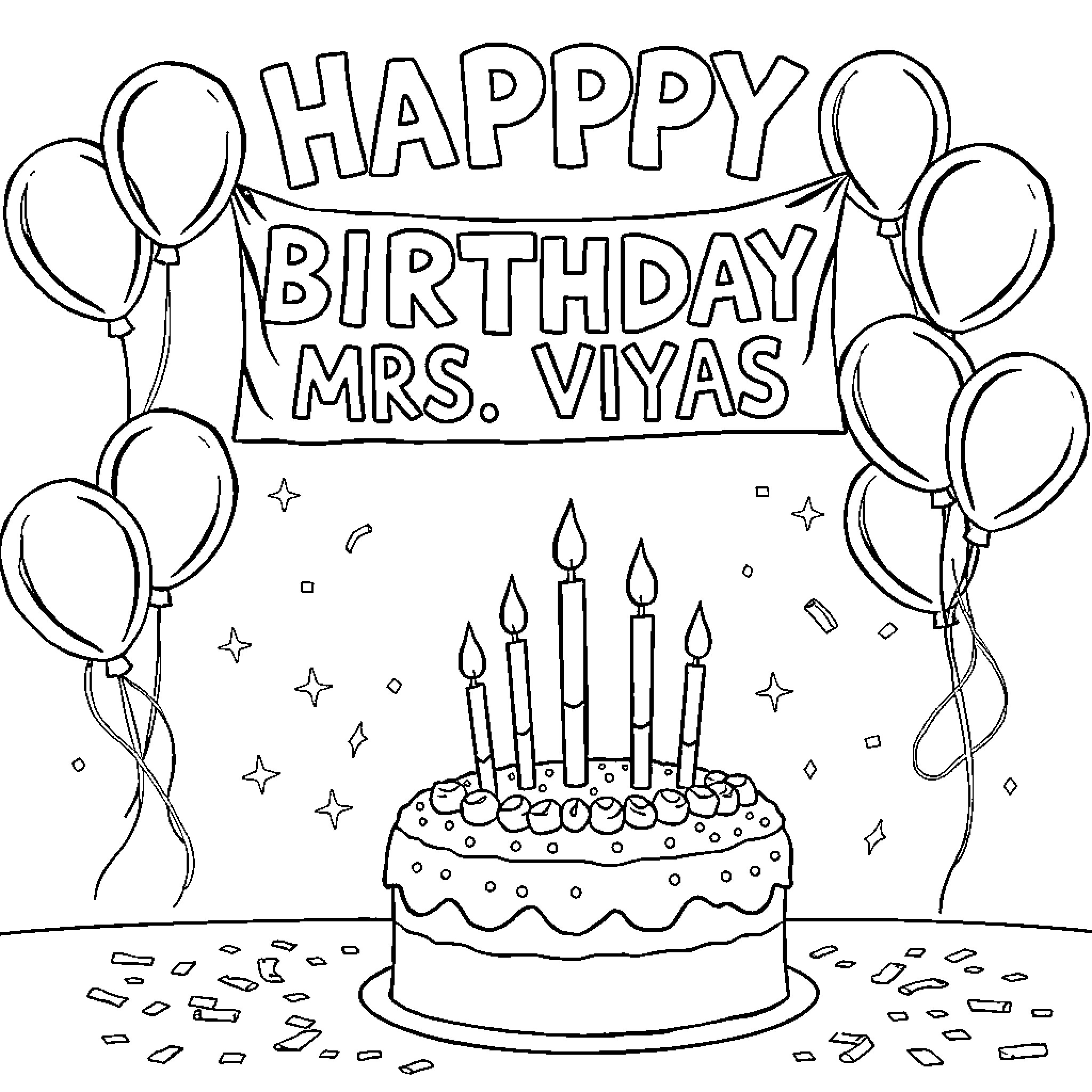 Birthday celebration with cake and balloons Coloring Page (free black-and-white line drawing printable PDF for all, from beginners to advanced learners, including children, teens, adults, and seniors)