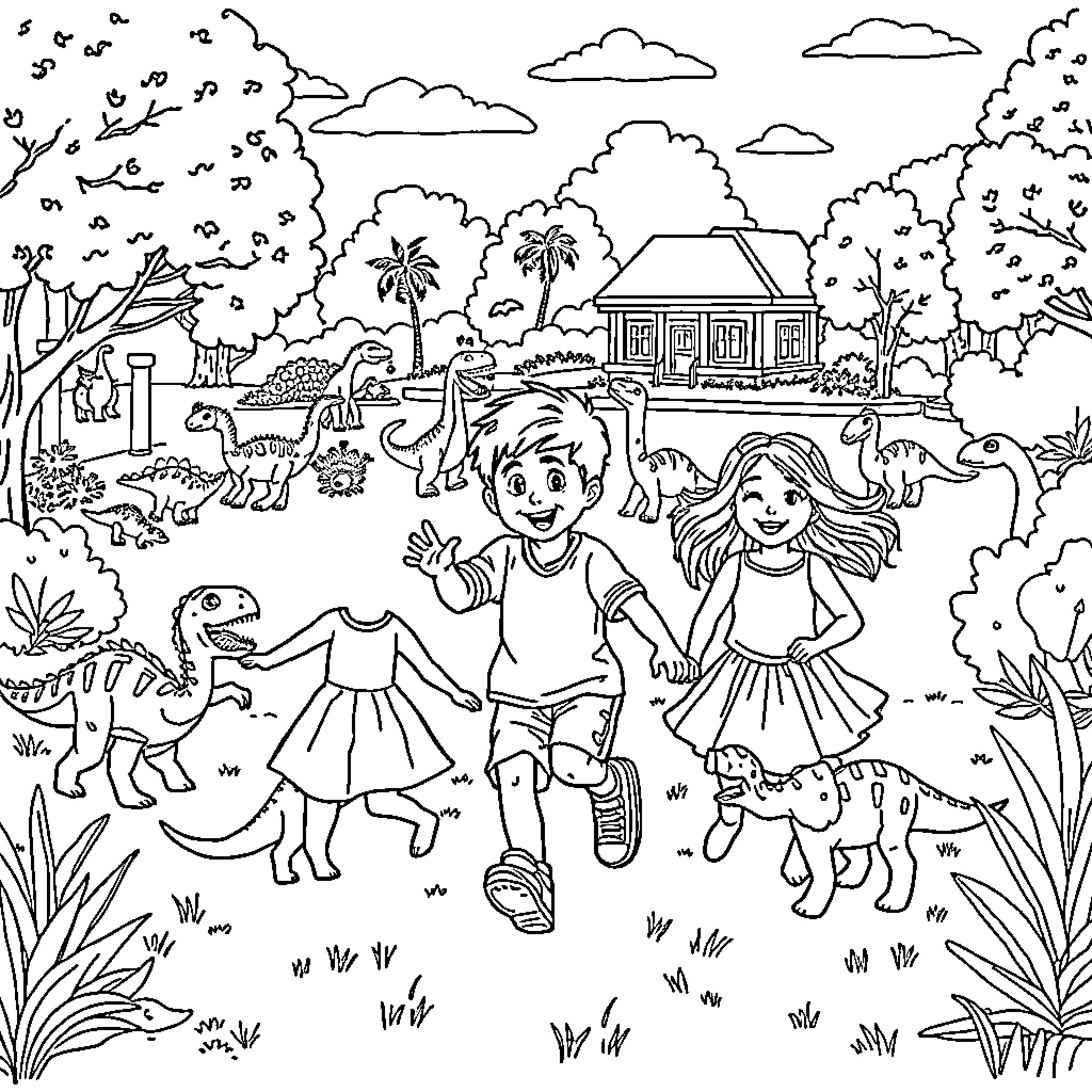 Dinosaur-themed playground with children and pets Coloring Page (free black-and-white line drawing printable PDF for all, from beginners to advanced learners, including children, teens, adults, and seniors)