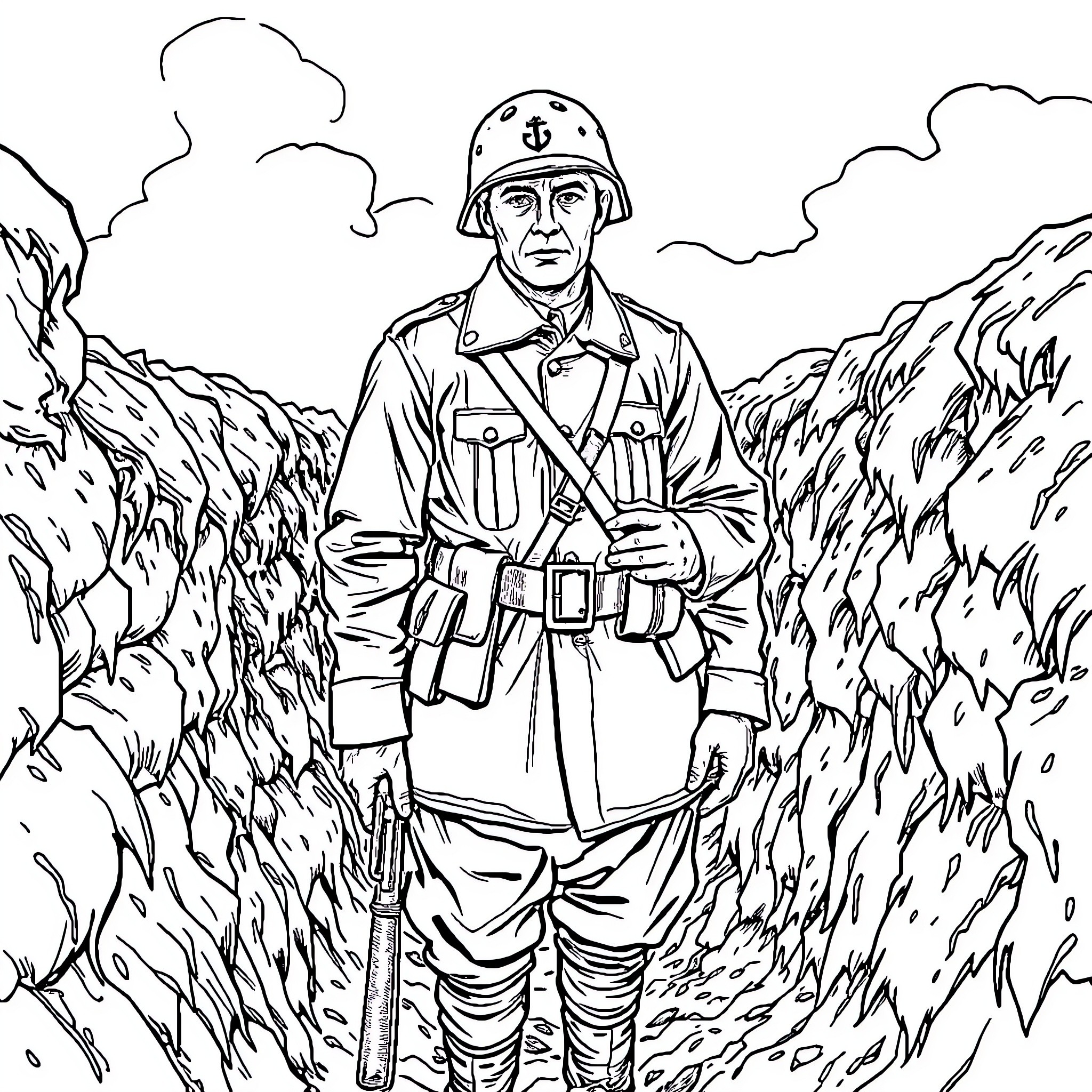 German Soldier in Wartime Trench Coloring Page (free black-and-white line drawing printable PDF for all, from beginners to advanced learners, including children, teens, adults, and seniors)