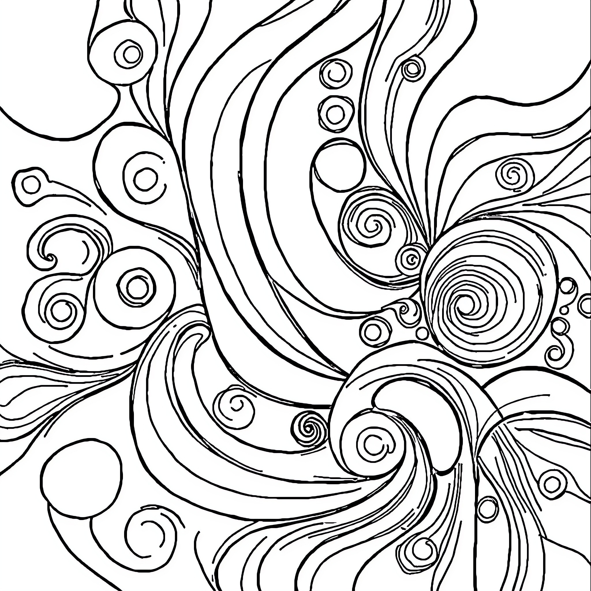 Abstract Flowing Forms and Shapes Coloring Page (free black-and-white line drawing printable PDF for all, from beginners to advanced learners, including children, teens, adults, and seniors)