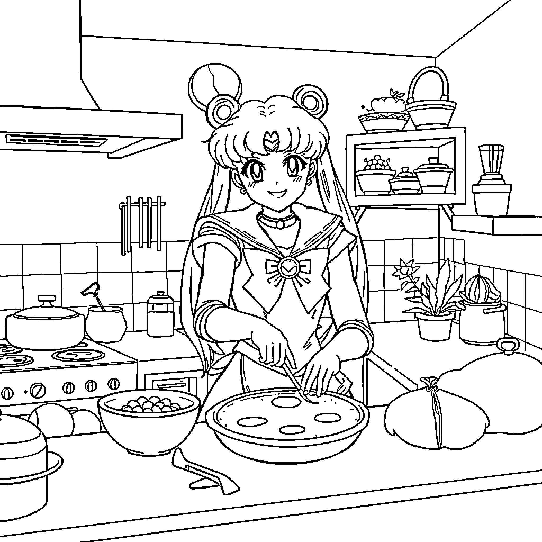 Sailor Moon Cooking in the Kitchen Coloring Page (free black-and-white line drawing printable PDF for all, from beginners to advanced learners, including children, teens, adults, and seniors)