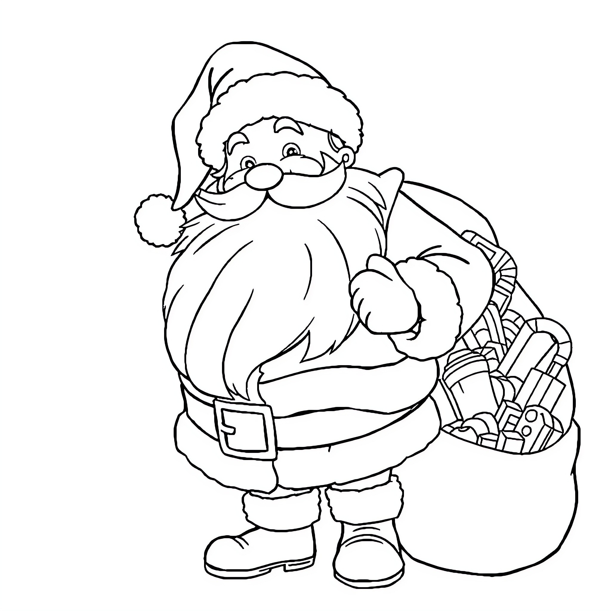 Santa delivering gifts with a jolly expression Coloring Page (free black-and-white line drawing printable PDF for all, from beginners to advanced learners, including children, teens, adults, and seniors)