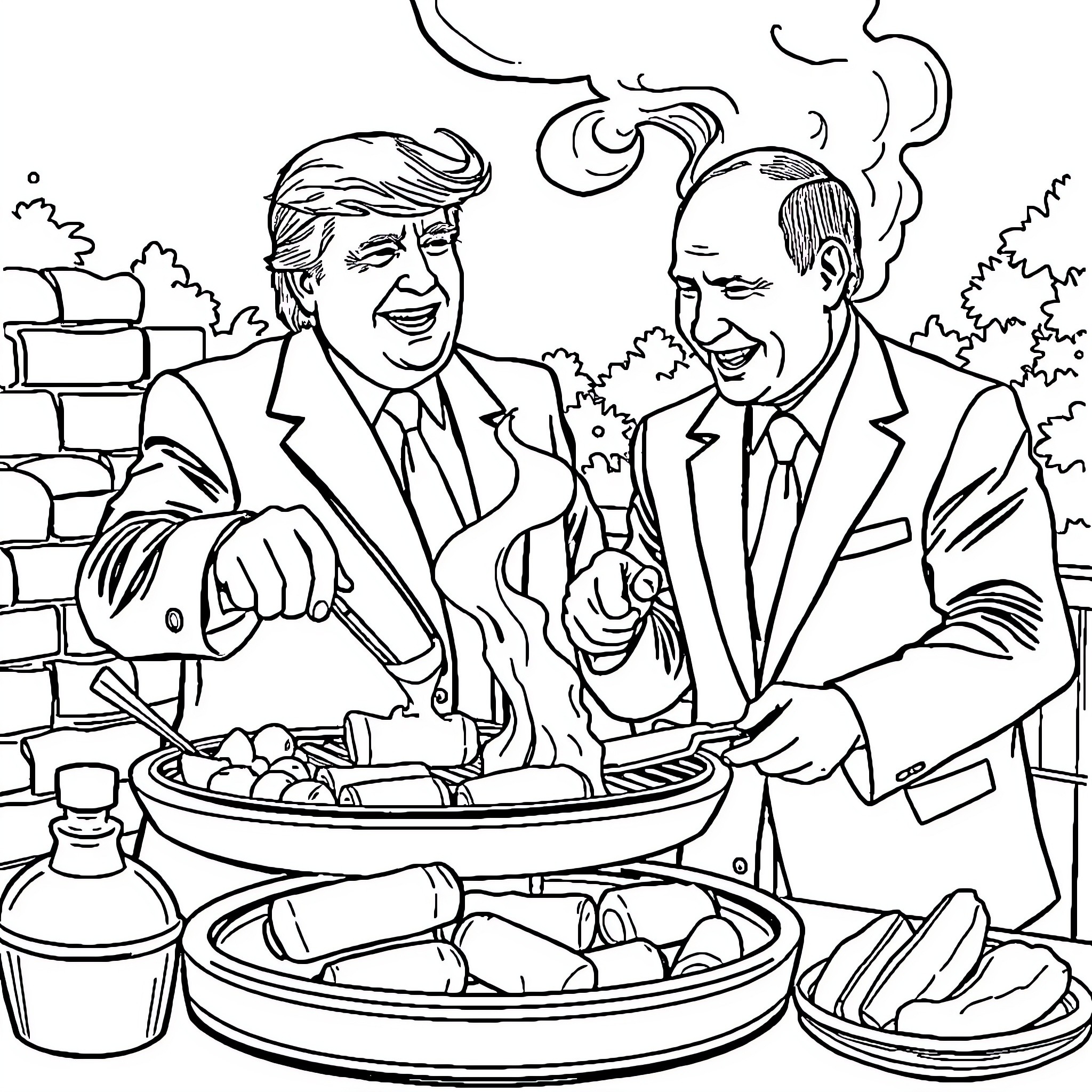 Donald Trump Laughing and Cooking with a Friend Coloring Page (free black-and-white line drawing printable PDF for all, from beginners to advanced learners, including children, teens, adults, and seniors)