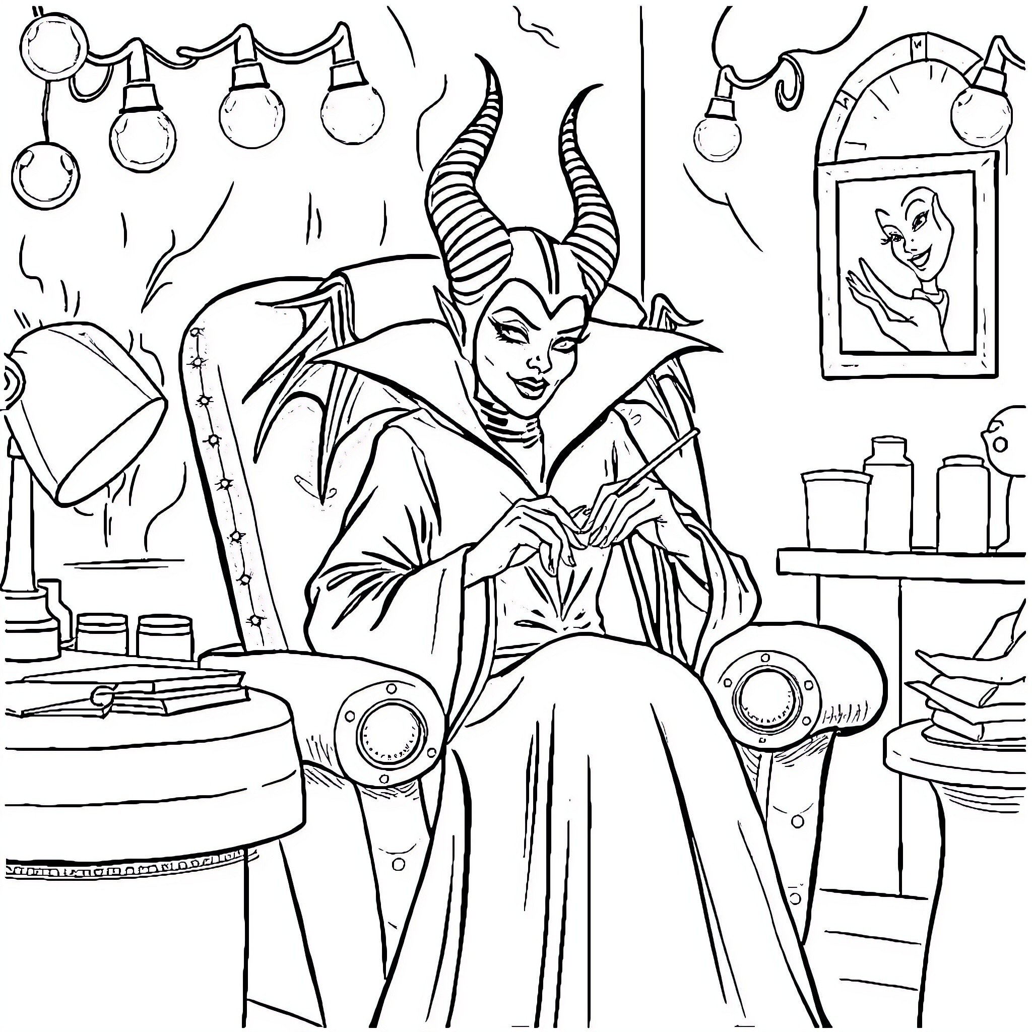Maleficent Casting a Spell in Her Lair Coloring Page (free black-and-white line drawing printable PDF for all, from beginners to advanced learners, including children, teens, adults, and seniors)