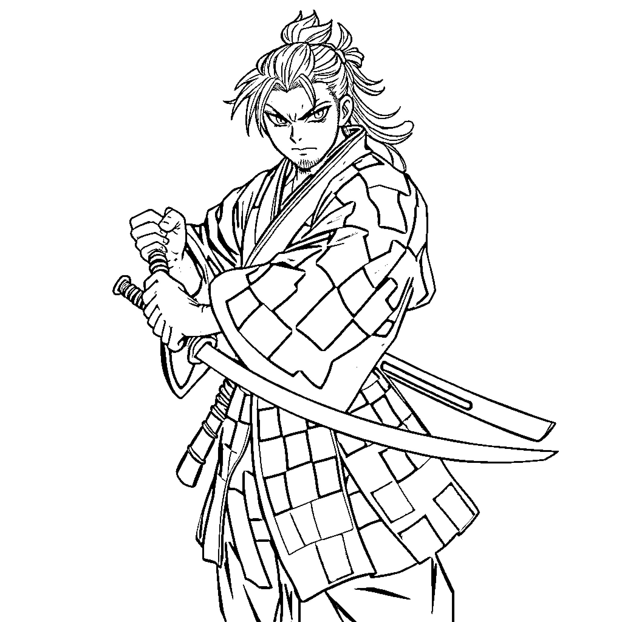 Tanjiro in fierce samurai battle stance Coloring Page (free black-and-white line drawing printable PDF for all, from beginners to advanced learners, including children, teens, adults, and seniors)