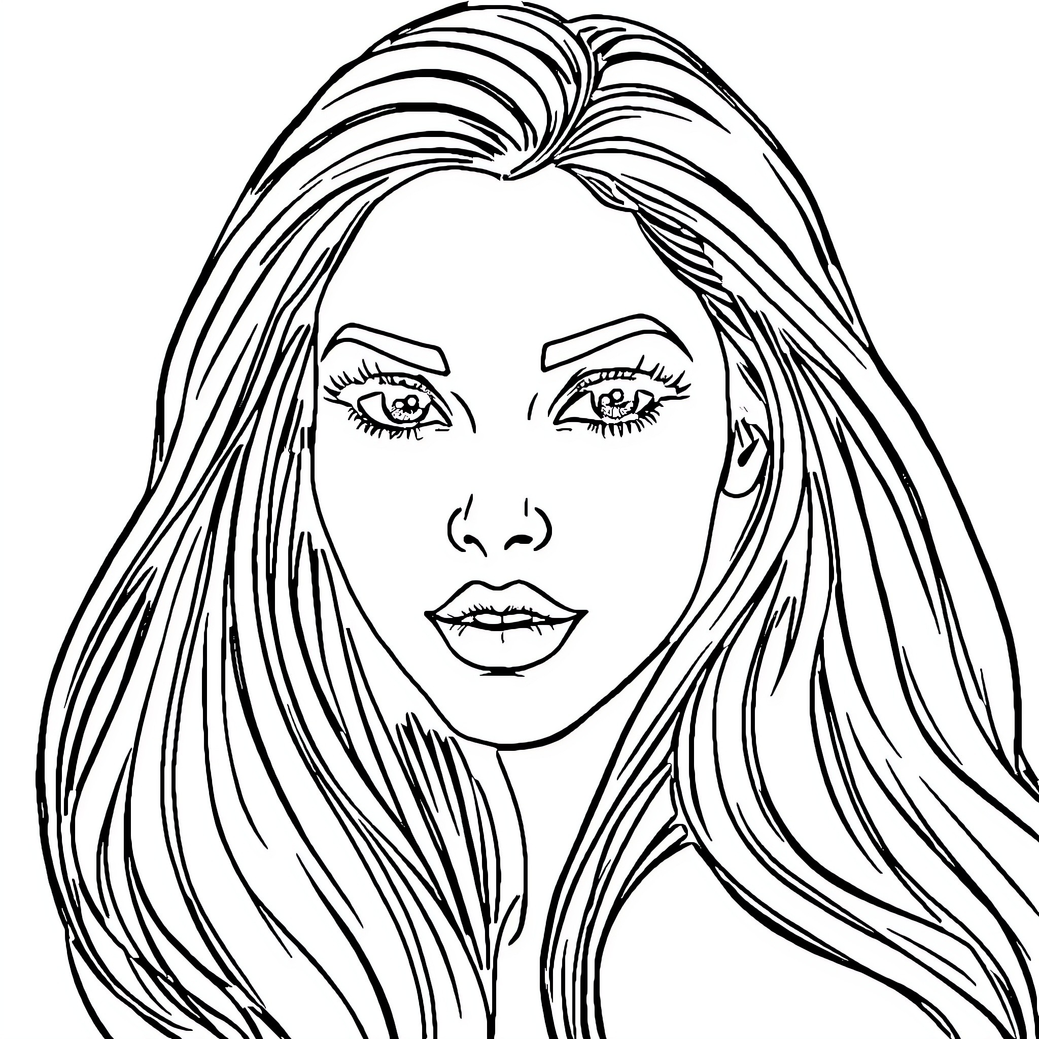Latina woman with flowing hair in close-up portrait Coloring Page (free black-and-white line drawing printable PDF for all, from beginners to advanced learners, including children, teens, adults, and seniors)