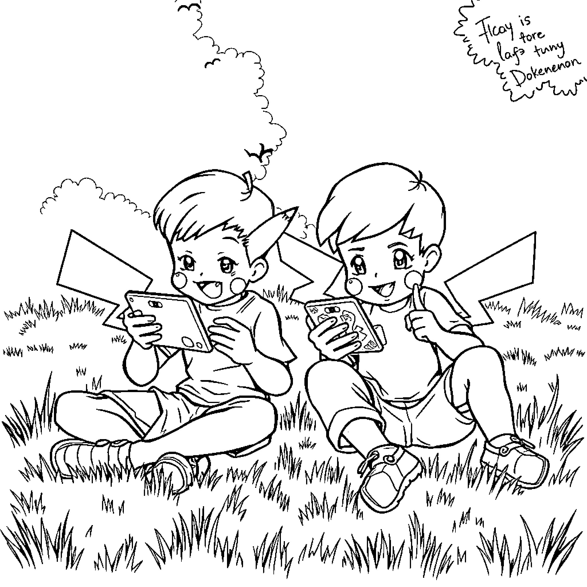Kids playing with mobile phones in nature Coloring Page (free black-and-white line drawing printable PDF for all, from beginners to advanced learners, including children, teens, adults, and seniors)